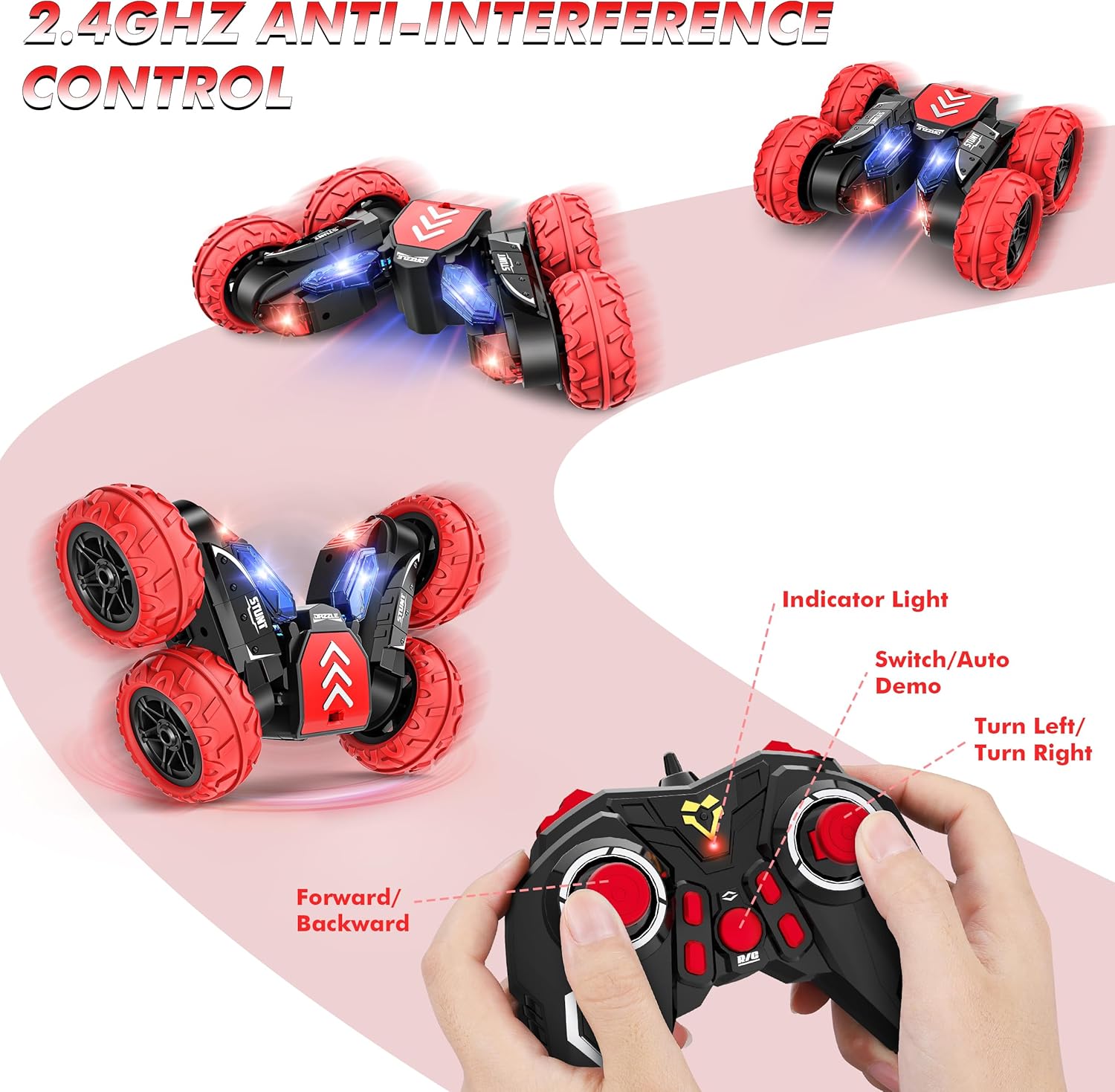 Coche de control remoto, autos de acrobacias de juguete de acrobacias, 4WD 2.4Ghz de doble cara giratoria de 360 con luces LED, juguete de auto RC