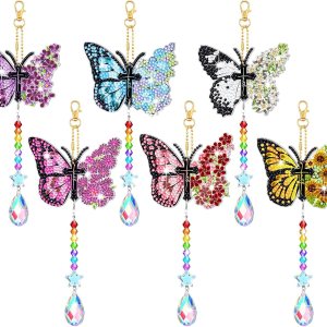 Tradder Juego de 6 piezas de pintura de diamante, carillones de viento, adornos de mariposa de doble cara con colgante de cristal, arte de diamantes Tradder Juego de 6 piezas de pintura de diamante, carillones de viento, adornos de mariposa de doble cara con colgante de cristal, arte de diamantes