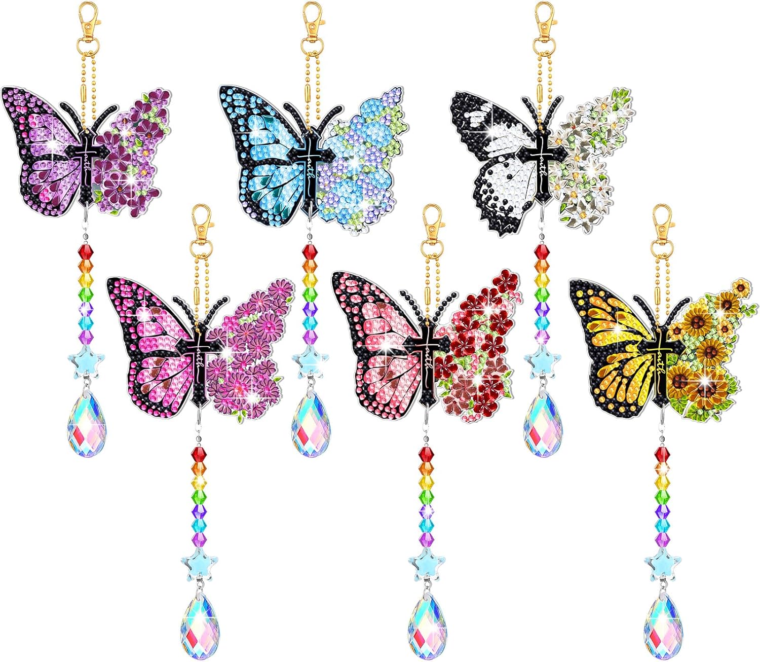 Tradder Juego de 6 piezas de pintura de diamante, carillones de viento, adornos de mariposa de doble cara con colgante de cristal, arte de diamantes