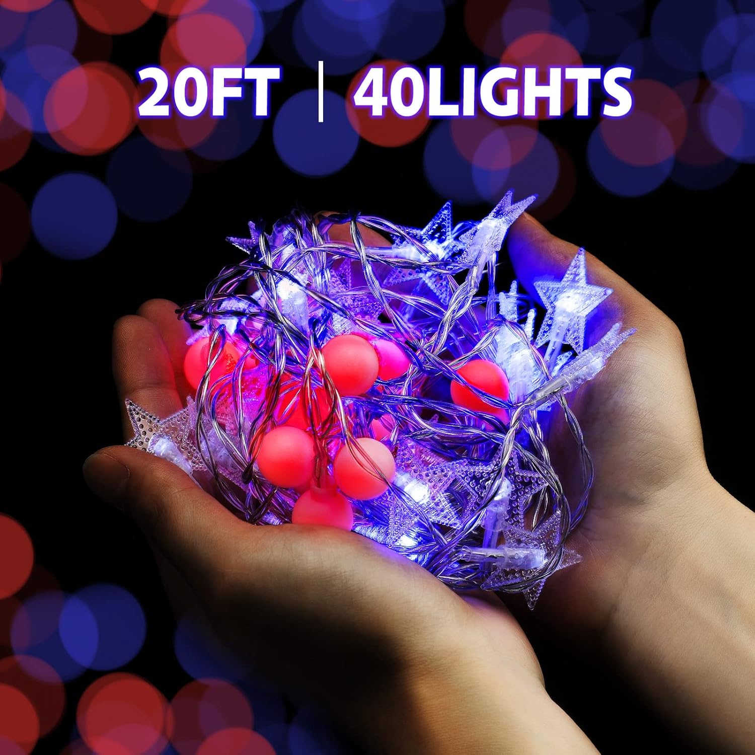 Decoraciones del 4 de julio, luces rojas, blancas y azules, 20 pies, 40 luces LED con batería LED, decoraciones de calabaza, bola de hada, tira de