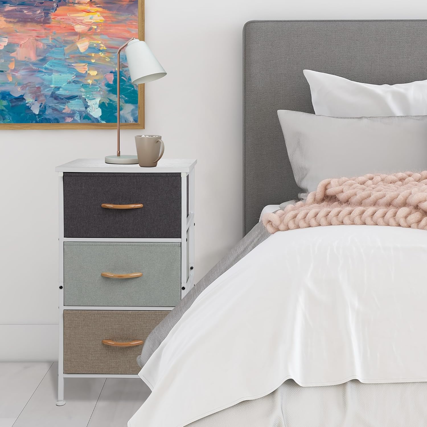 YOHKOH Cajones de almacenamiento altos con 3 cajones de tela extraíbles, unidad organizadora para dormitorio, sala de estar, contenedores de