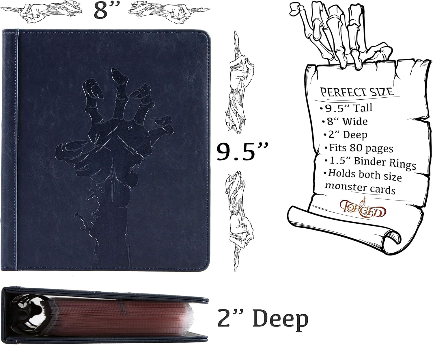 Forged Dice Co. Curiosities Cache Monster – Carpeta organizadora de tarjetas y tarjetas hechizas con páginas, color azul