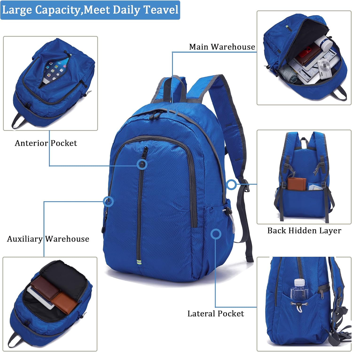 YZAOLL Mochila de senderismo pequeña, mochila ligera y plegable para senderismo, para mujeres y hombres, viajes, campamento, vacaciones, Z-25l-azul