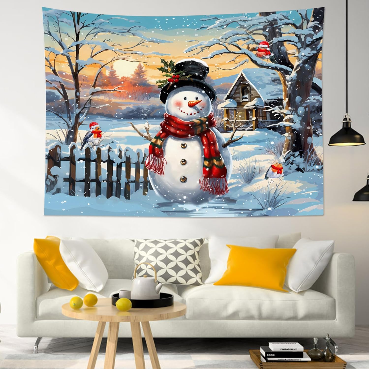 HVEST Tapiz navideño de muñeco de nieve para colgar en la pared, muñeco de nieve y pájaro en árbol nevado con tapiz de granja, tapiz de atardecer en