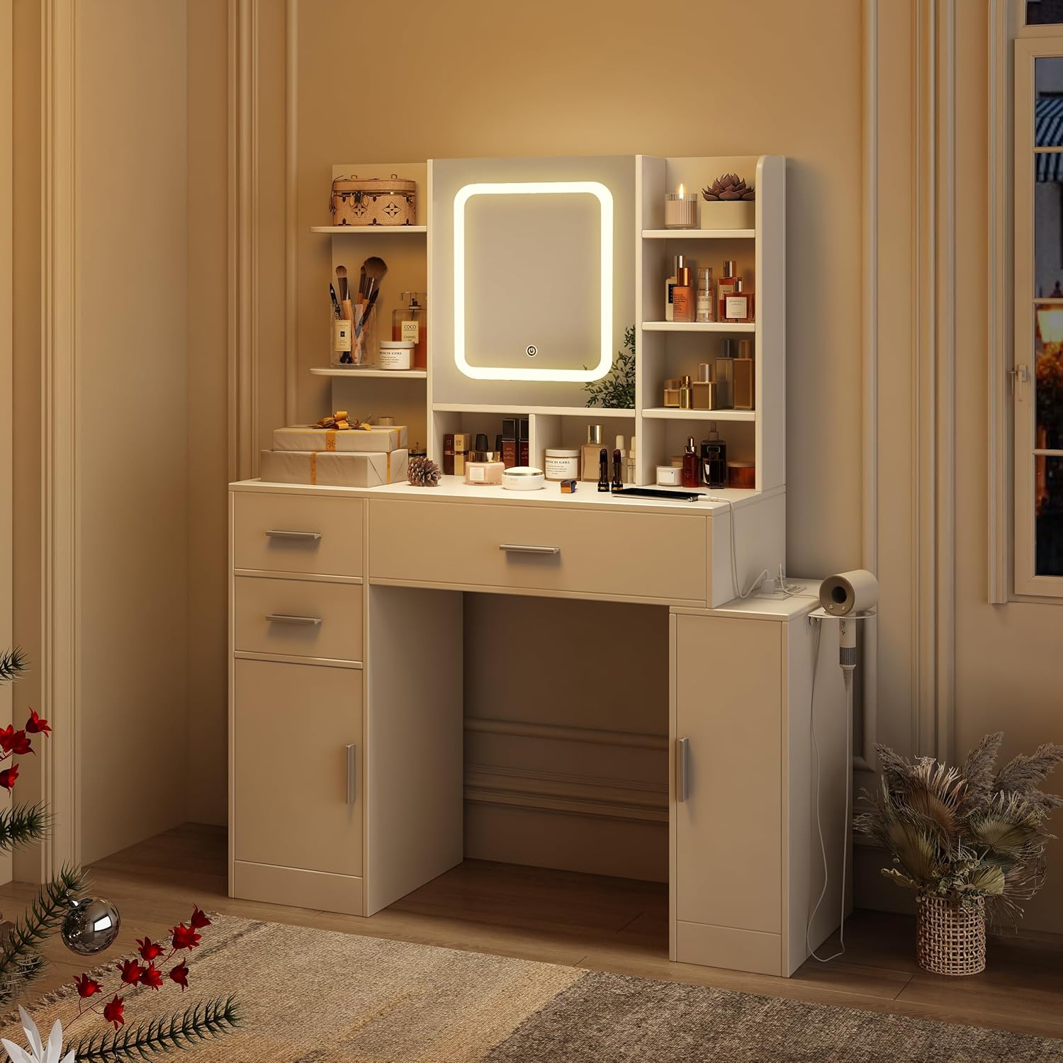 Fameill Escritorio de maquillaje con luces en 3 colores y espejo que se puede abrir, tocador blanco con 3 cajones y 2 armarios y estantes, mesa de