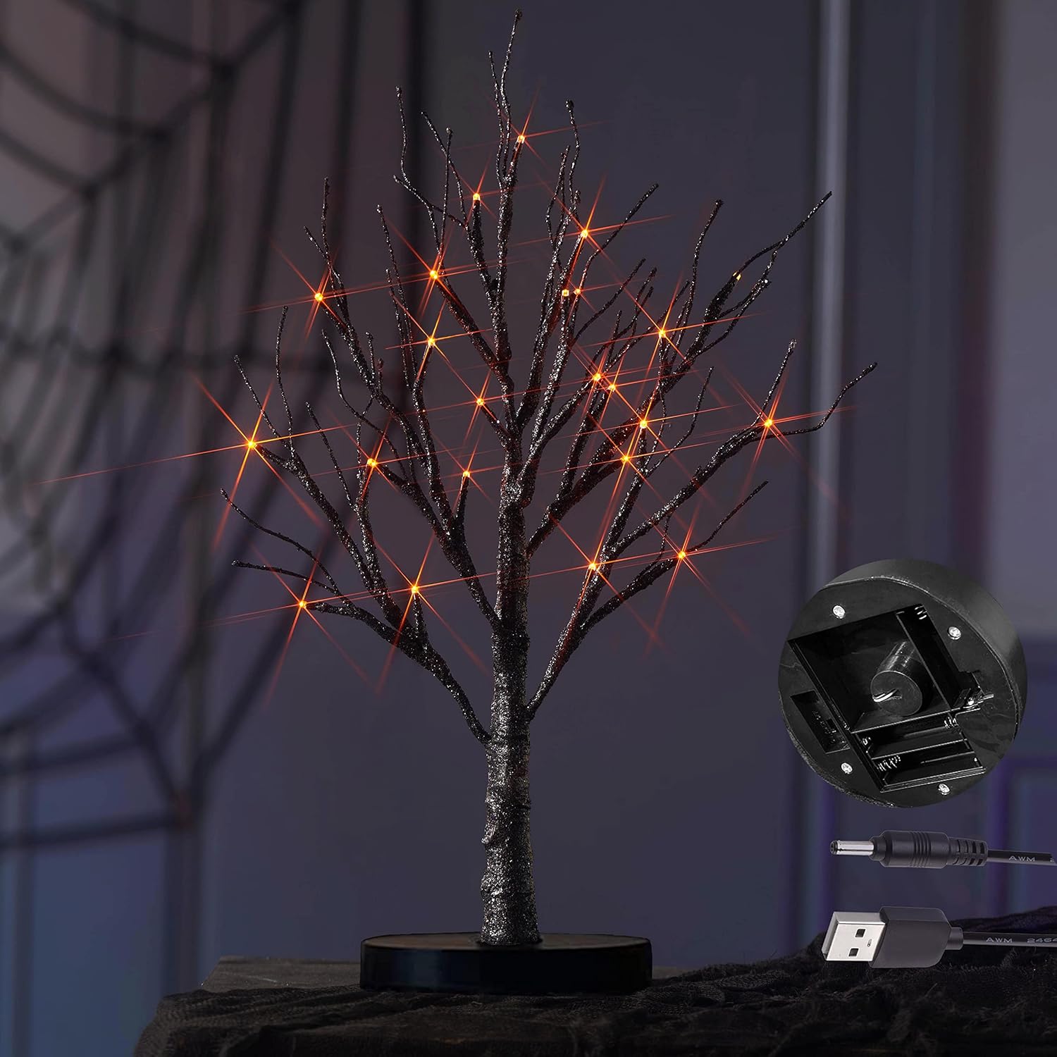 Hairui Árbol espeluznante de mesa iluminado con purpurina negra con luces naranjas, 24 LED de 18 pulgadas, para decoración de bruja de Halloween,