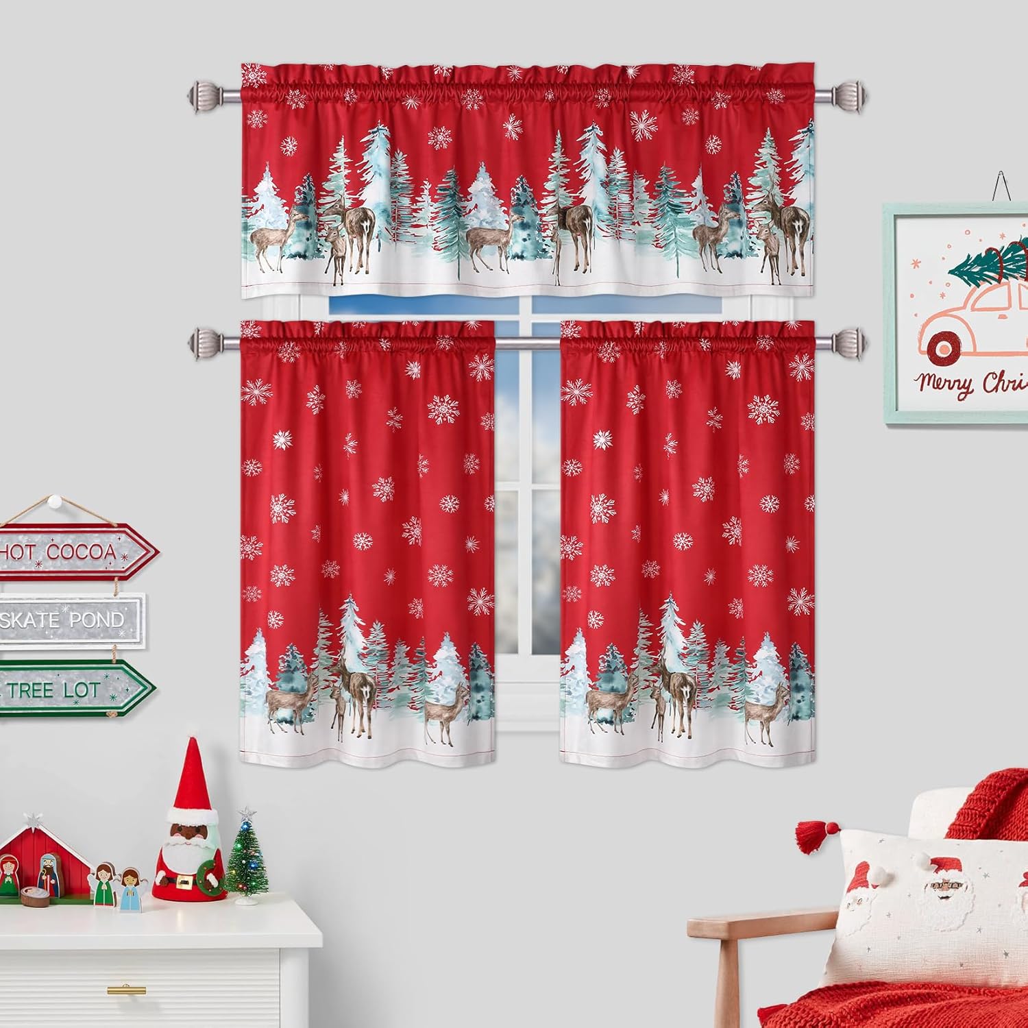 Cortina de cocina de Navidad de 24 pulgadas, con bolsillo para cortinero, 2 paneles para baño, sala de estar, decoración de Navidad