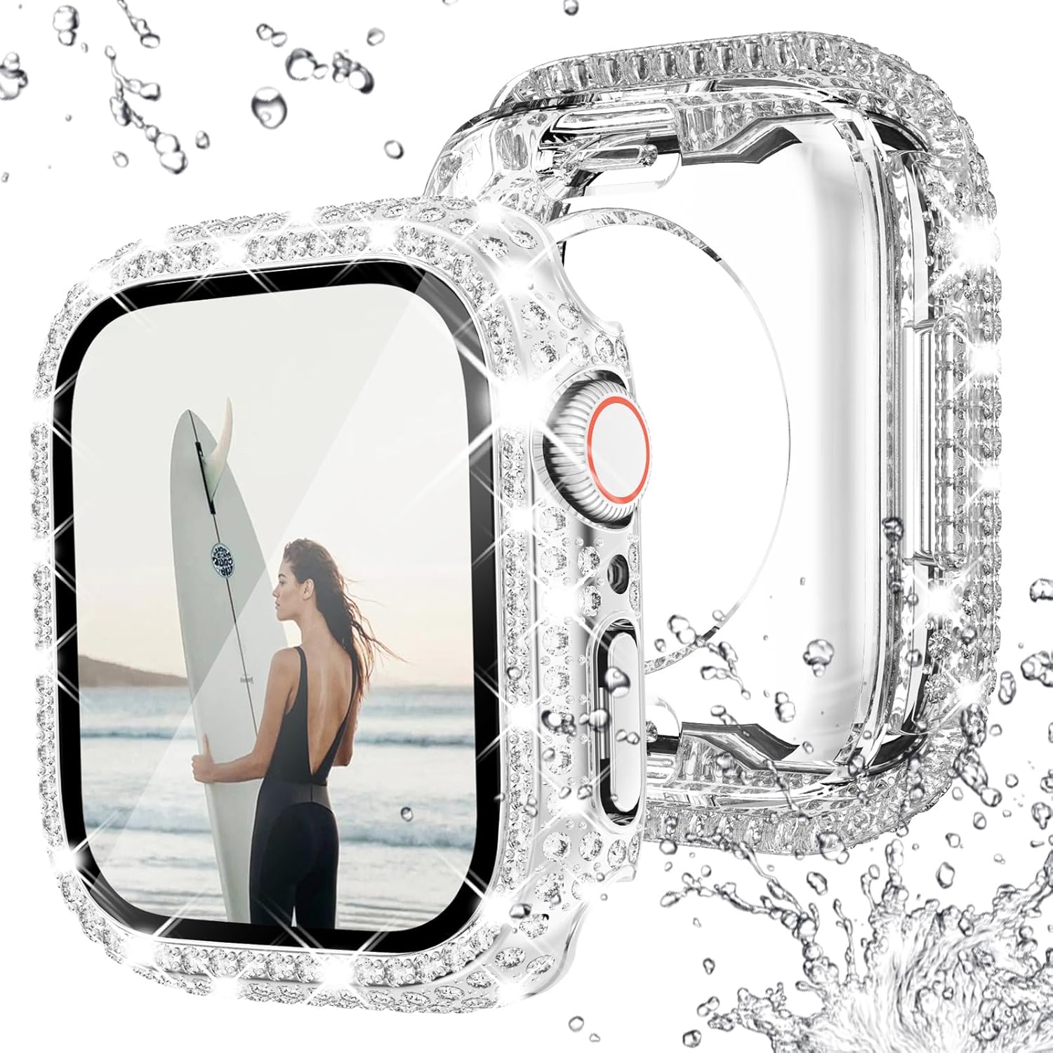 NewWays Paquete de 2 fundas impermeables 2 en 1 para Apple Watch Series 8 y Series 7 de 1.614 in, protector de pantalla con diamantes de imitación