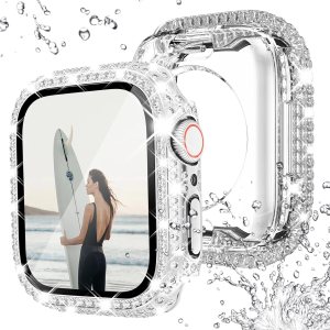 NewWays Paquete de 2 fundas impermeables 2 en 1 para Apple Watch Series 8 y Series 7 de 1.614 in, protector de pantalla con diamantes de imitación NewWays Paquete de 2 fundas impermeables 2 en 1 para Apple Watch Series 8 y Series 7 de 1.614 in, protector de pantalla con diamantes de imitación