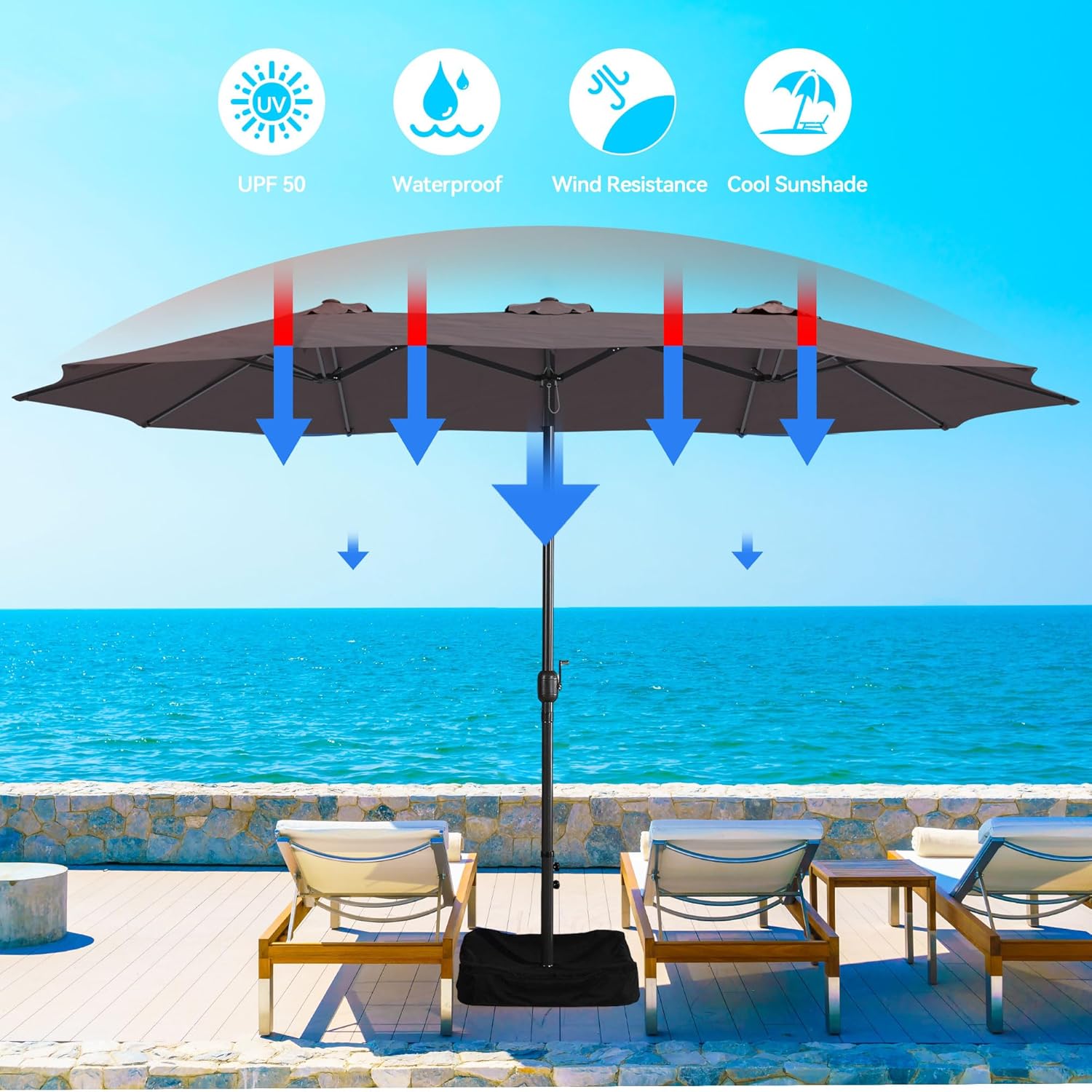MONDAWE 15ft Patio Umbrella with Base Included Large Outdoor Double Sided Umbrella Rectangular Aluminum Market Table Umbrella with Crank, Study 12