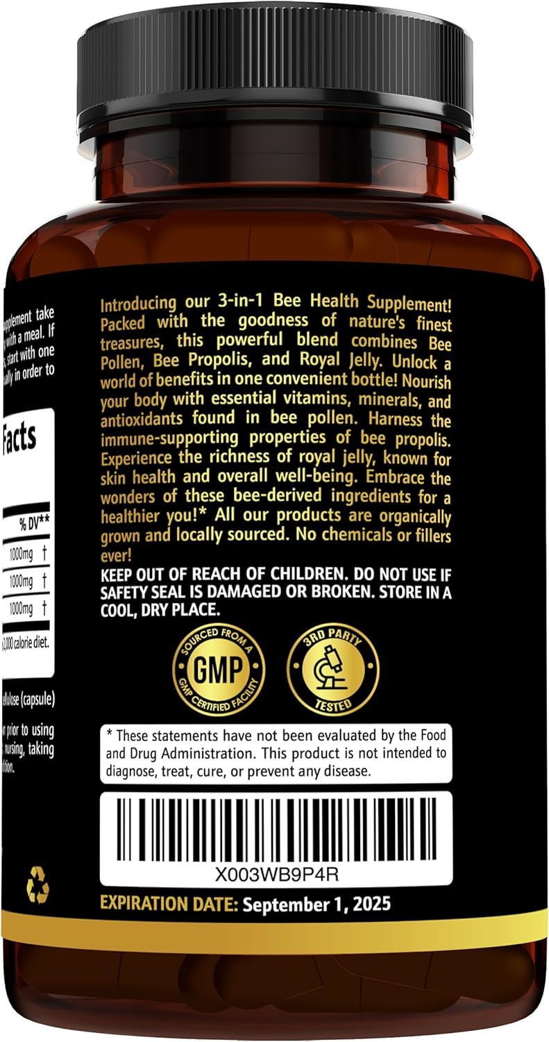 Polen de abeja orgánico 3 en 1 de 1000 mg (180 cápsulas) con cápsula de abeja de 1000 mg y cápsula de jalea real de 1000 mg – Hecho en Estados