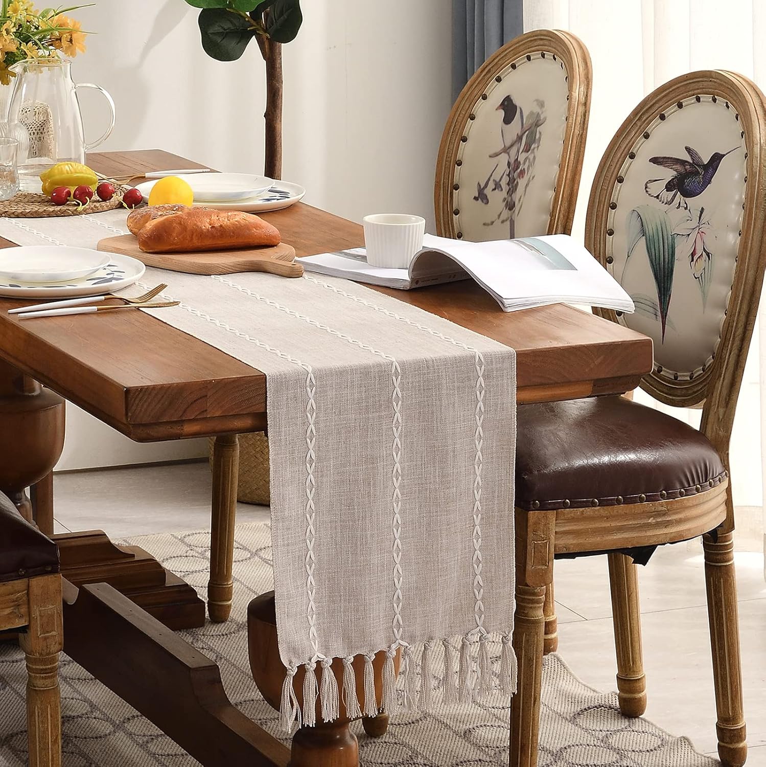 Wracra Camino de mesa de lino rústico estilo granja, camino de mesa bordado de 60 pulgadas de largo con borlas a mano para fiestas, decoración de