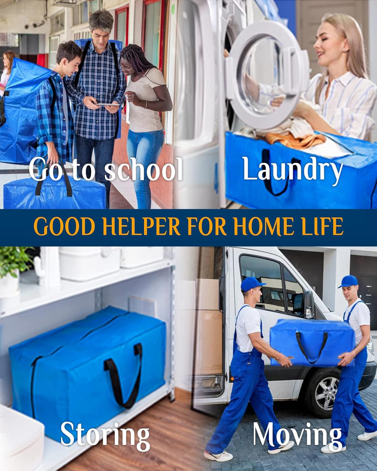 Raydior Heavy Duty Moving bags Storage Totes 4PCS Extra Large Blue Packing Bags Backpack Straps Strong Handles & Zippers College Moving, Laundry
