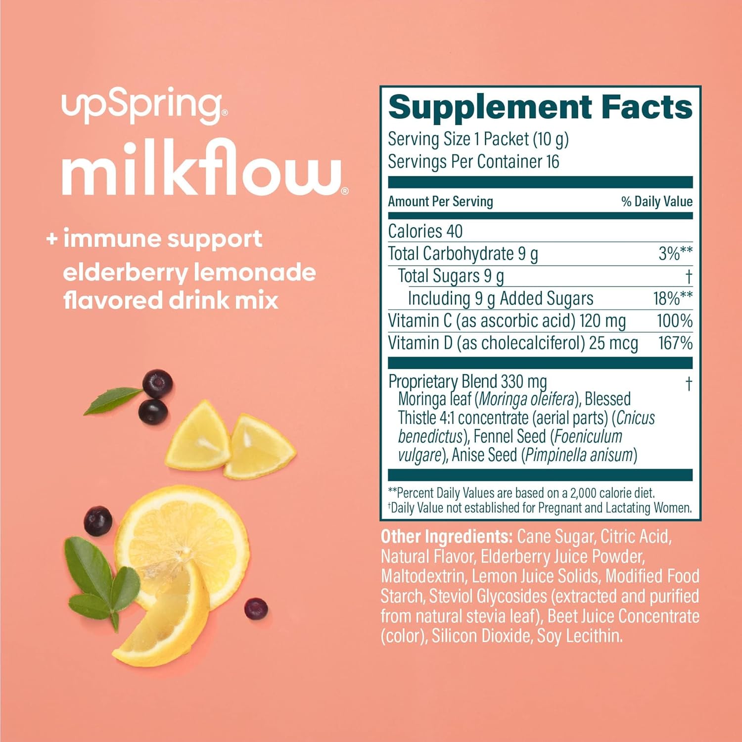 UpSpring Milkflow Suplemento de lactancia materna para apoyo inmunológico, mezcla de bebida sin fenogreco, moringa  sabor a limonada de saúco