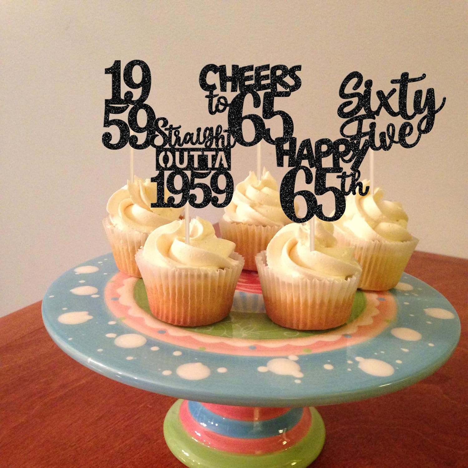30 piezas negras para cupcakes de cumpleaños 65 con purpurina Sixty Five Happy 65th Straight Outta 1959 para magdalenas para saludos a 65 años 65