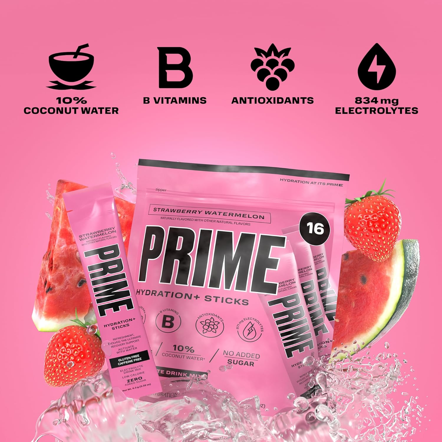 PRIME HYDRATION + Sticks FRESA SANDÍA  Palitos de hidratación en polvo de una sola porción  Polvo de electrolitos sobre la marcha  Bajo en azúcar