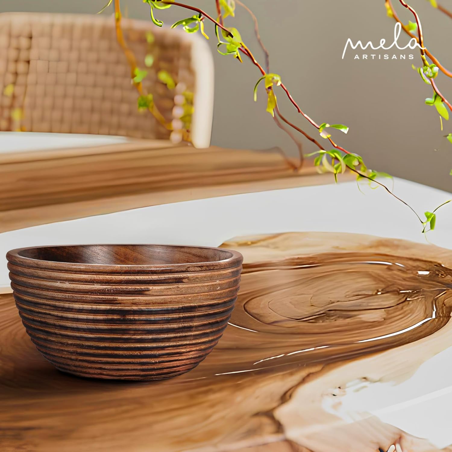 Mela Artisans Frutero de madera de 9 pulgadas, cuenco regular para ensaladas, cereales, aperitivos y mezcla, cuencos decorativos para cocina