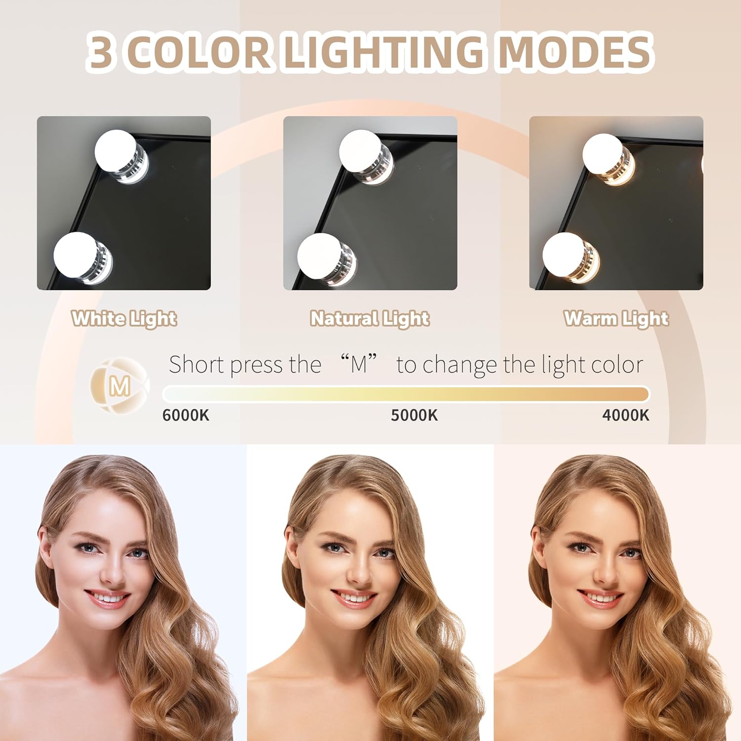 SLIMOON Espejo de tocador con luces, 12 bombillas LED regulables, espejo Hollywood desmontable, 10 aumentos, control táctil, espejo de maquillaje