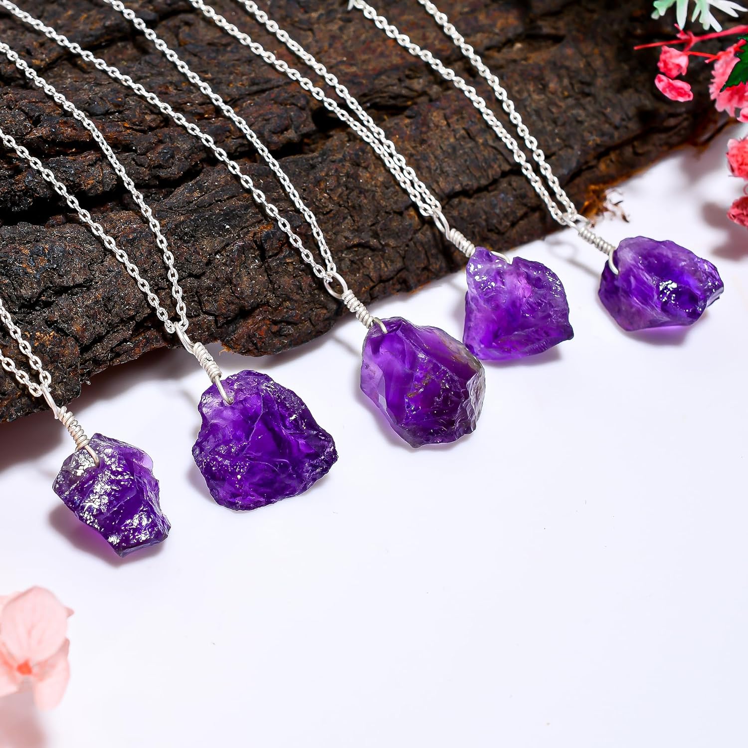 AURA GEMS Natural Amethyst Raw Pendant Necklace, Real Purple Melody Super Seven Gemstone, Healing Crystal, February Birthstone, Zodiac, Silver