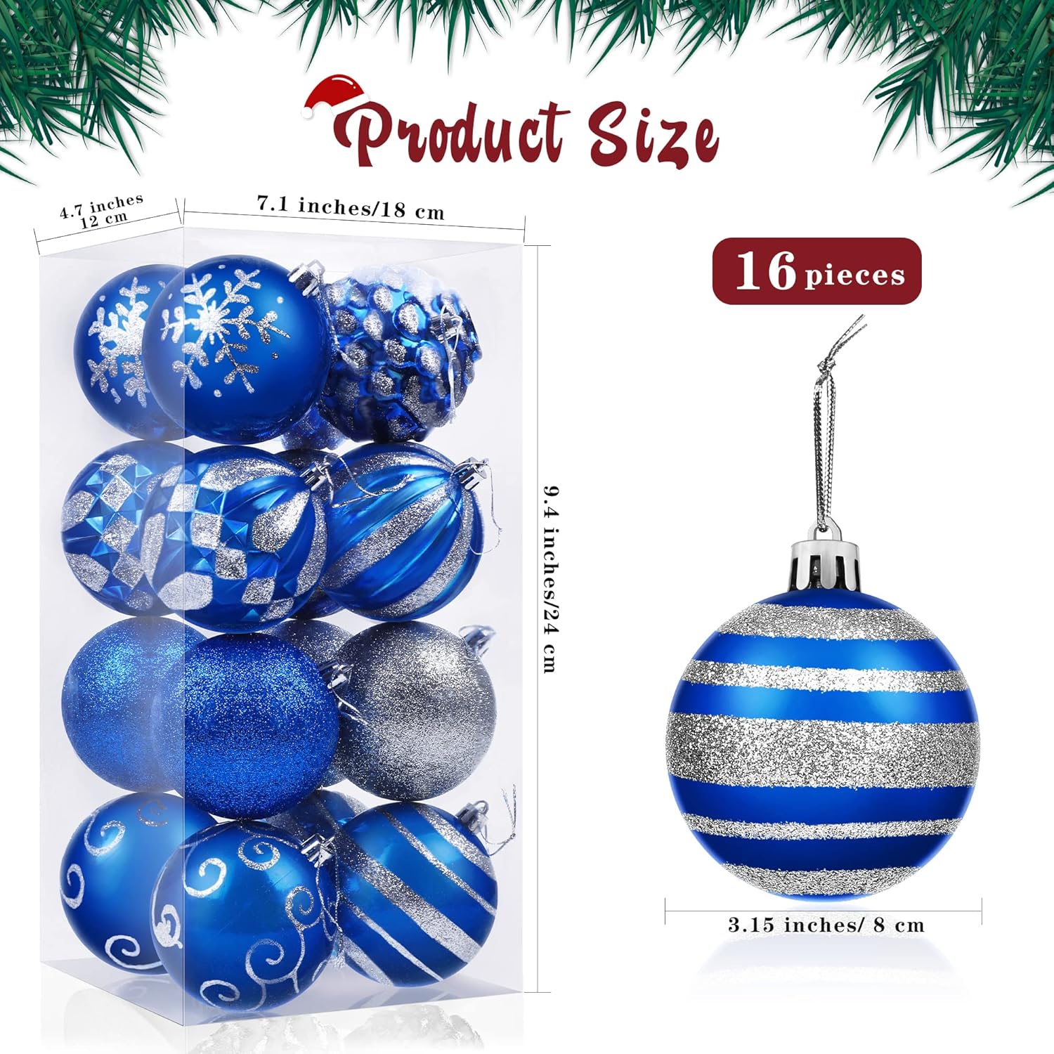 16 adornos de bola de Navidad de 3.15 pulgadas, bolas decorativas de plástico inastillables, decoración de árbol de Navidad, bolas colgantes para