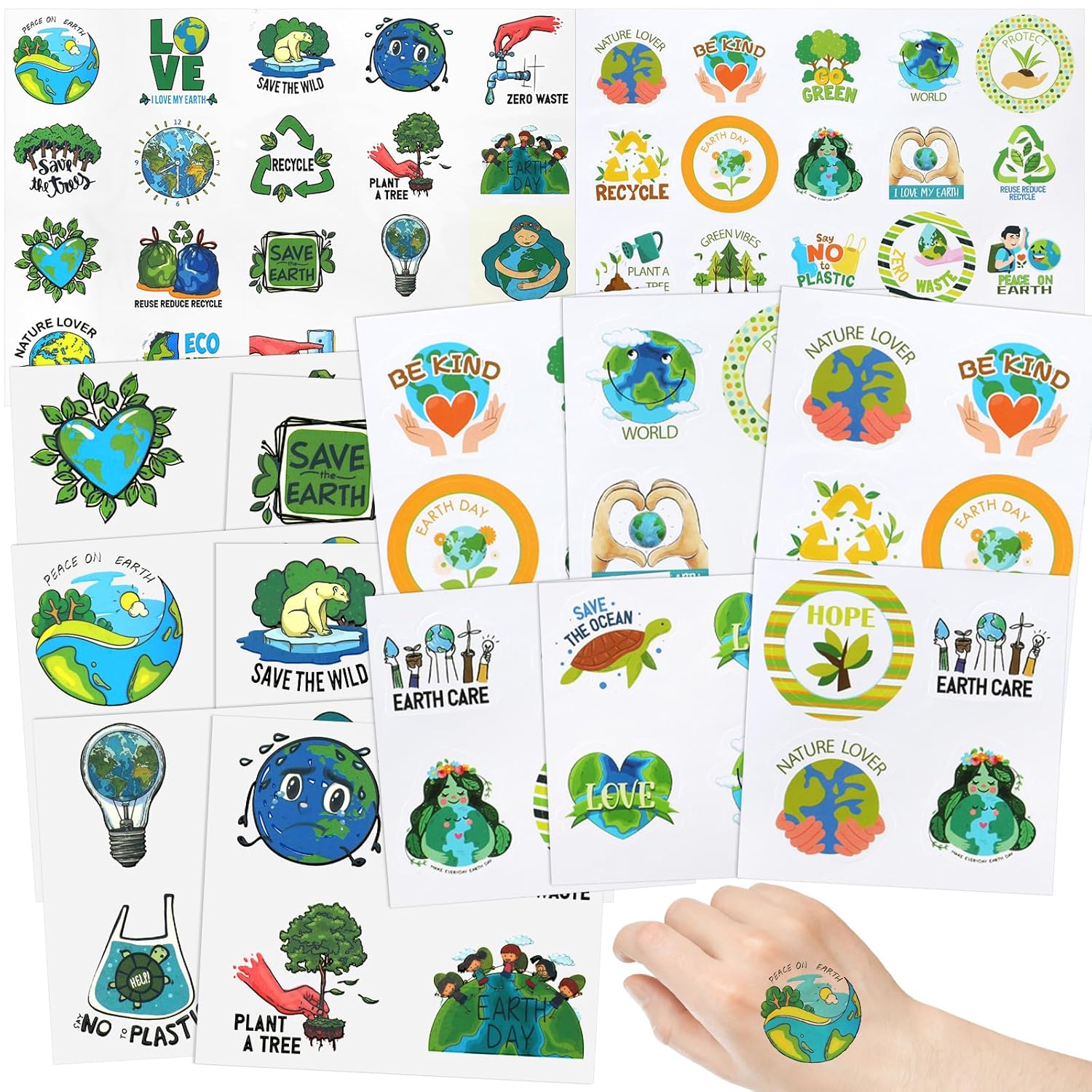 Juego de 700 calcomanías del Día de la Tierra para tatuajes temporales, incluye 200 tatuajes de salvar la tierra, 500 calcomanías de protección de