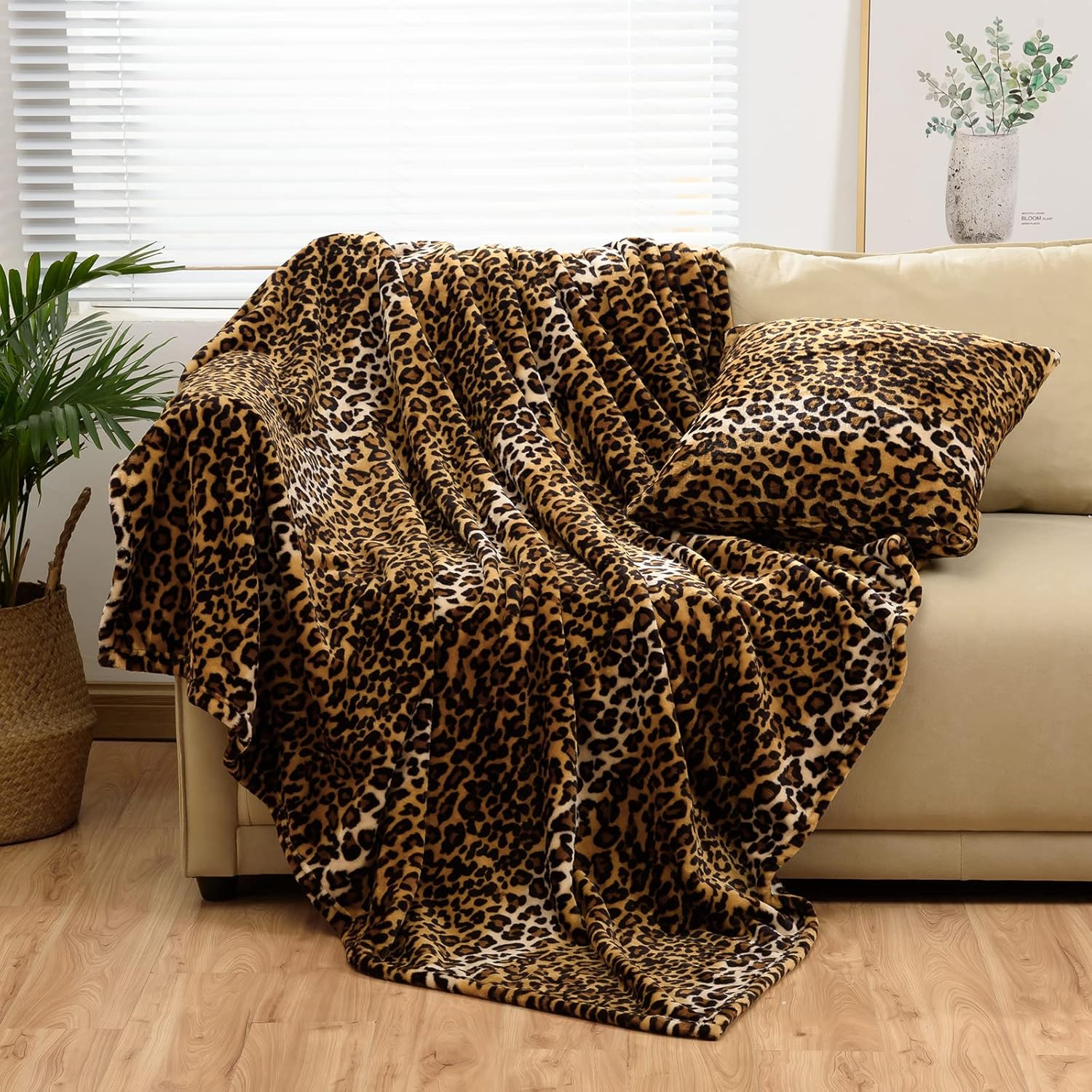 Manta de franela de forro polar con estampado de leopardo (50 x 71 pulgadas) con funda de almohada (18 x 18 pulgadas), manta de cama de doble cara