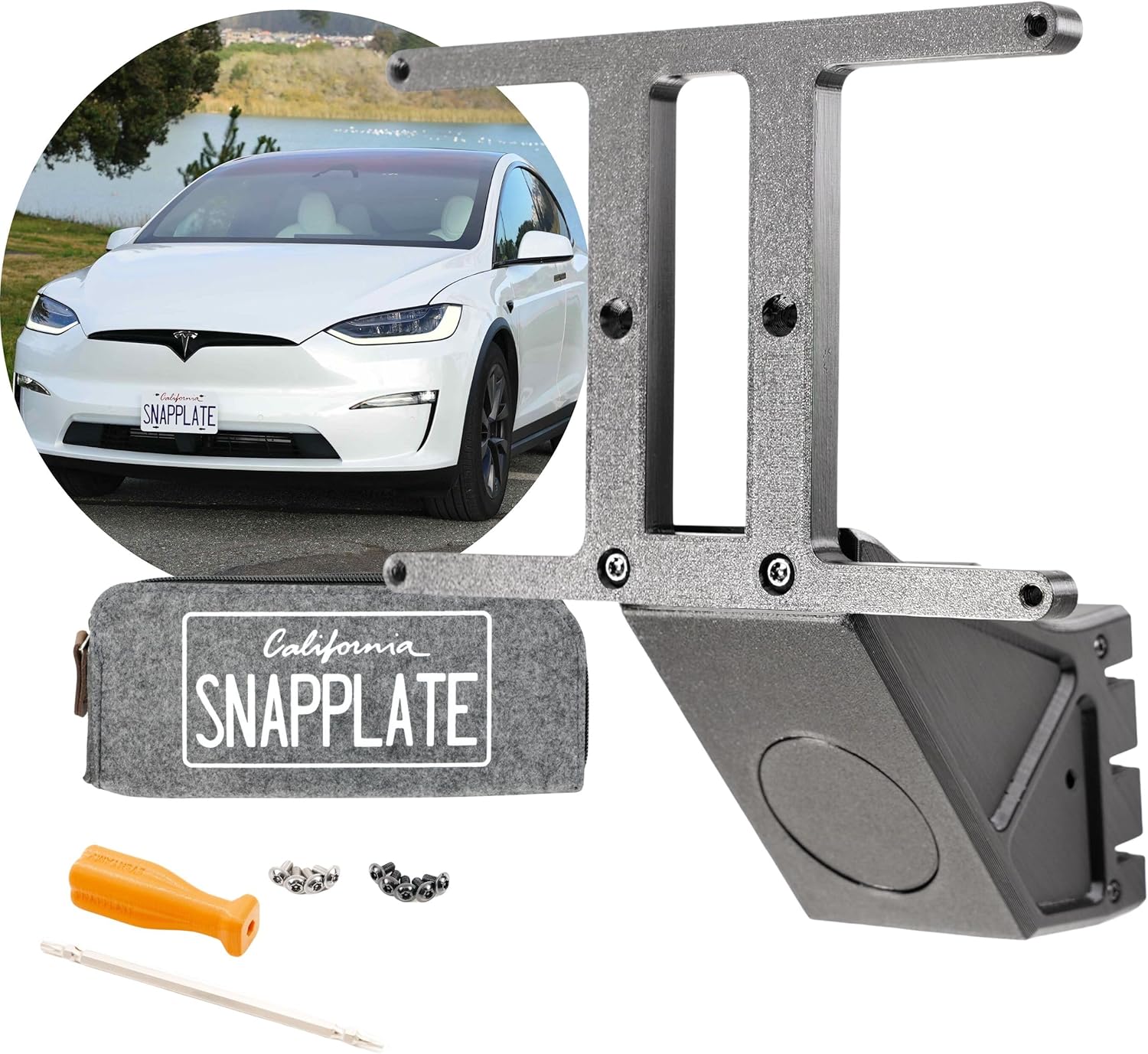 SnapPlate + (Modelo X) Soporte para placa frontal  Fuerza optimizada, antirrobo, extraíble, altura ajustable, fabricado y patentado en Estados