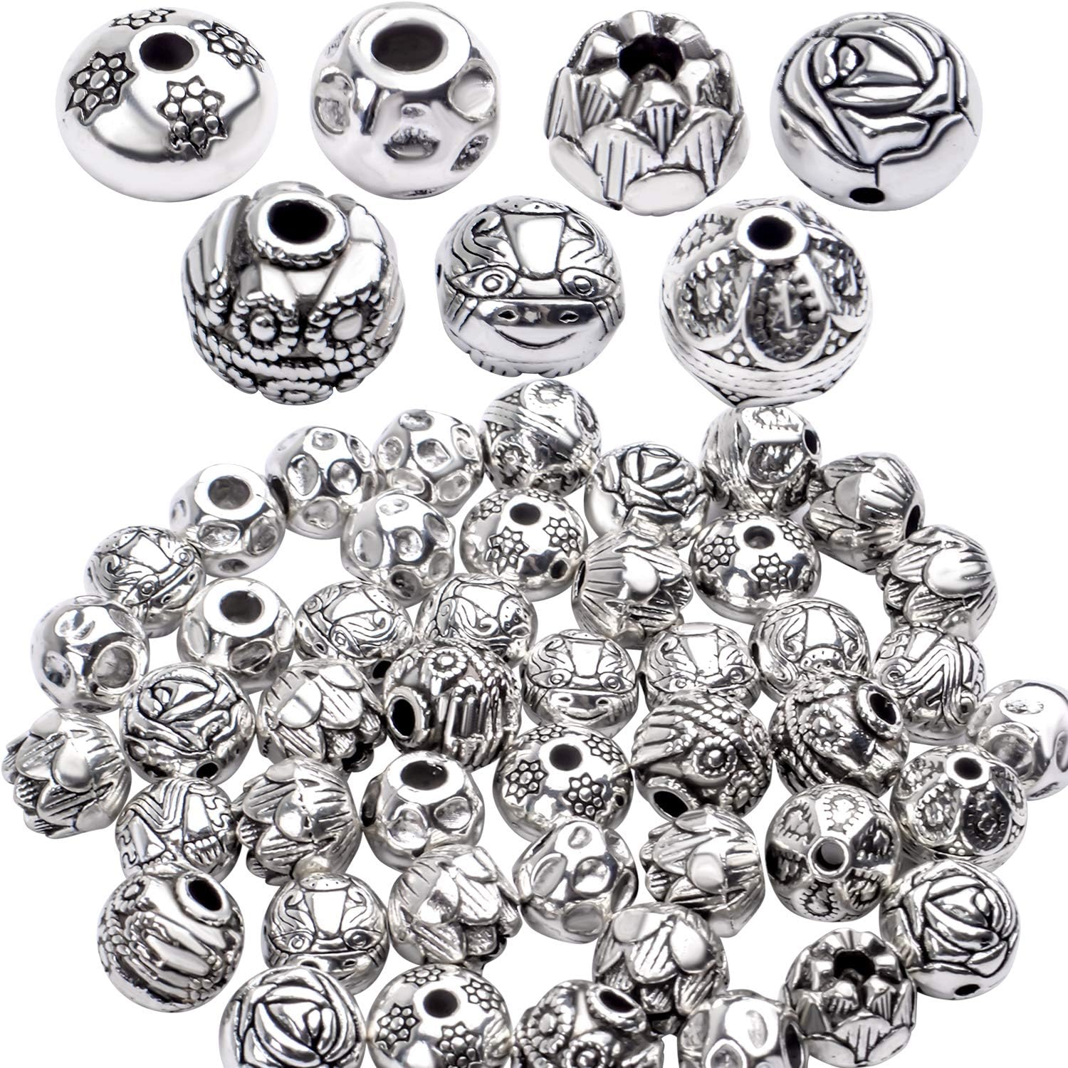 Cuentas espaciadoras de plata antigua, 3.53 oz (alrededor de 40-60 unidades), cuentas sueltas tibetanas pequeñas redondas para hacer pulseras,