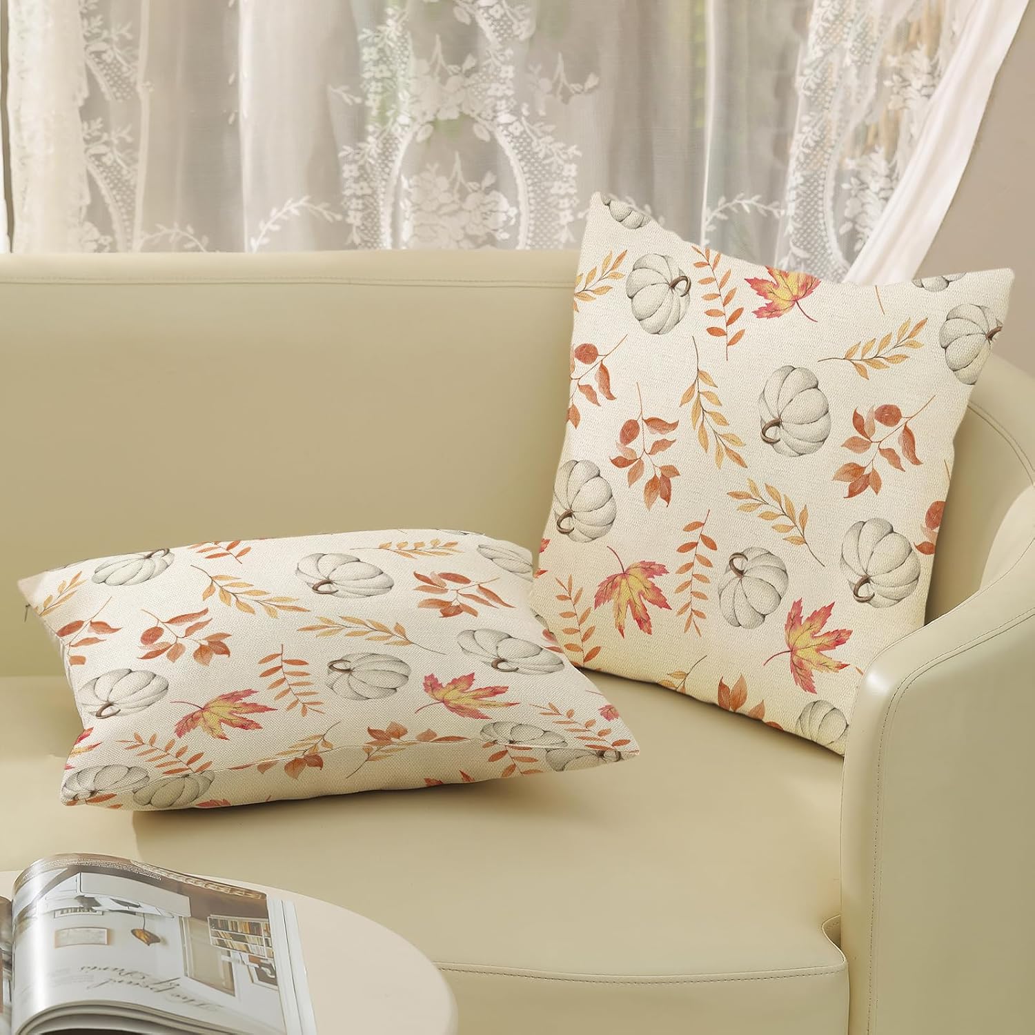 Juego de 2 fundas de almohada de otoño de 22 x 22 pulgadas, diseño de calabaza y hoja de arce, fundas de almohada decorativas de lino para otoño,