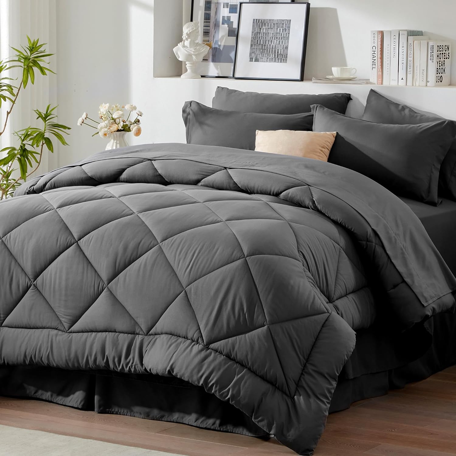 Newspin Juego de edredón de 8 piezas de cama Queen en una bolsa, juego de cama gris oscuro para todas las estaciones, juegos de ropa de cama Queen