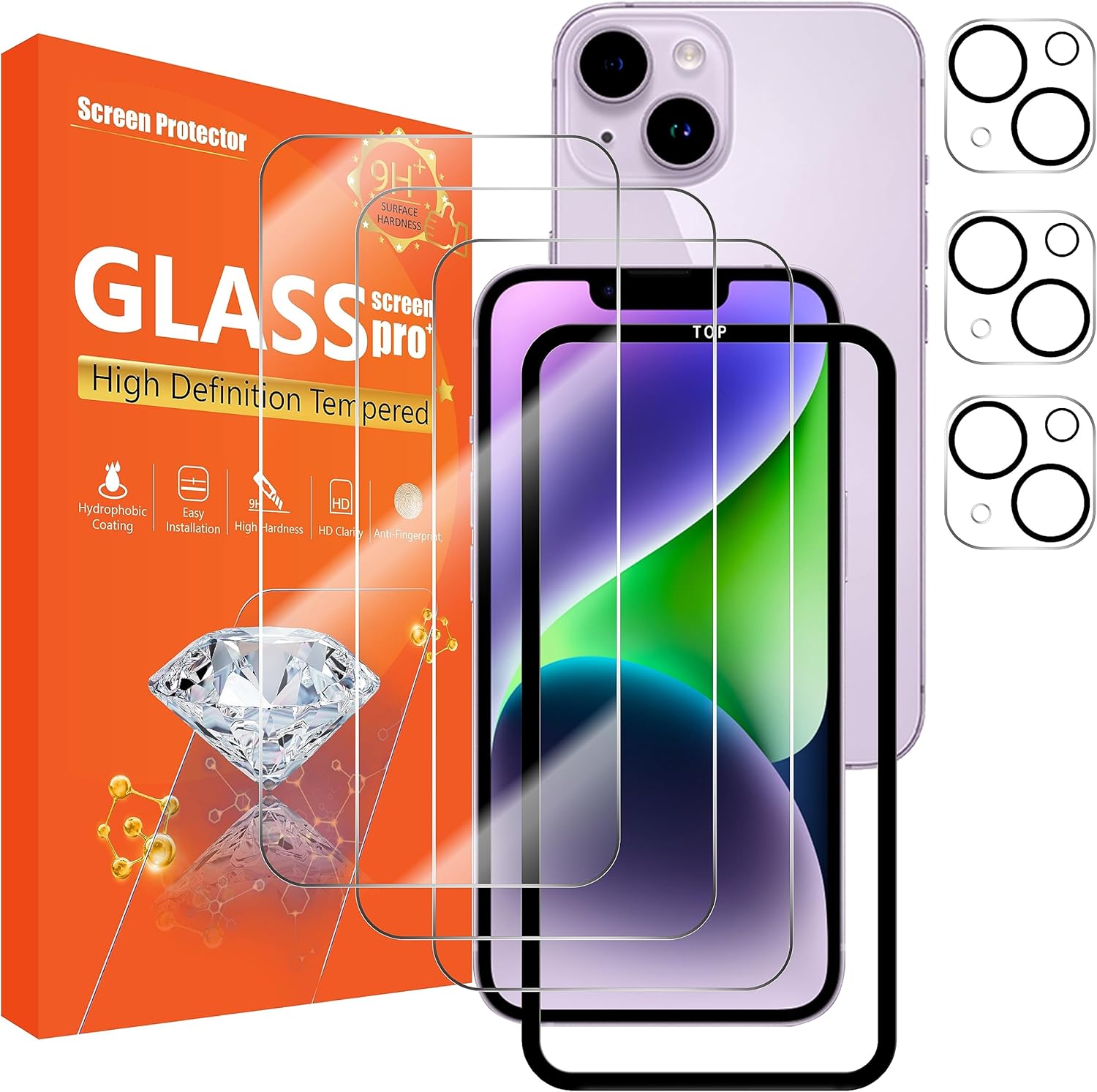 Paquete de 3 + 3 protectores de pantalla para iPhone 15 (pulgadas), paquete de 3 protectores de lente de cámara, protector de pantalla de vidrio