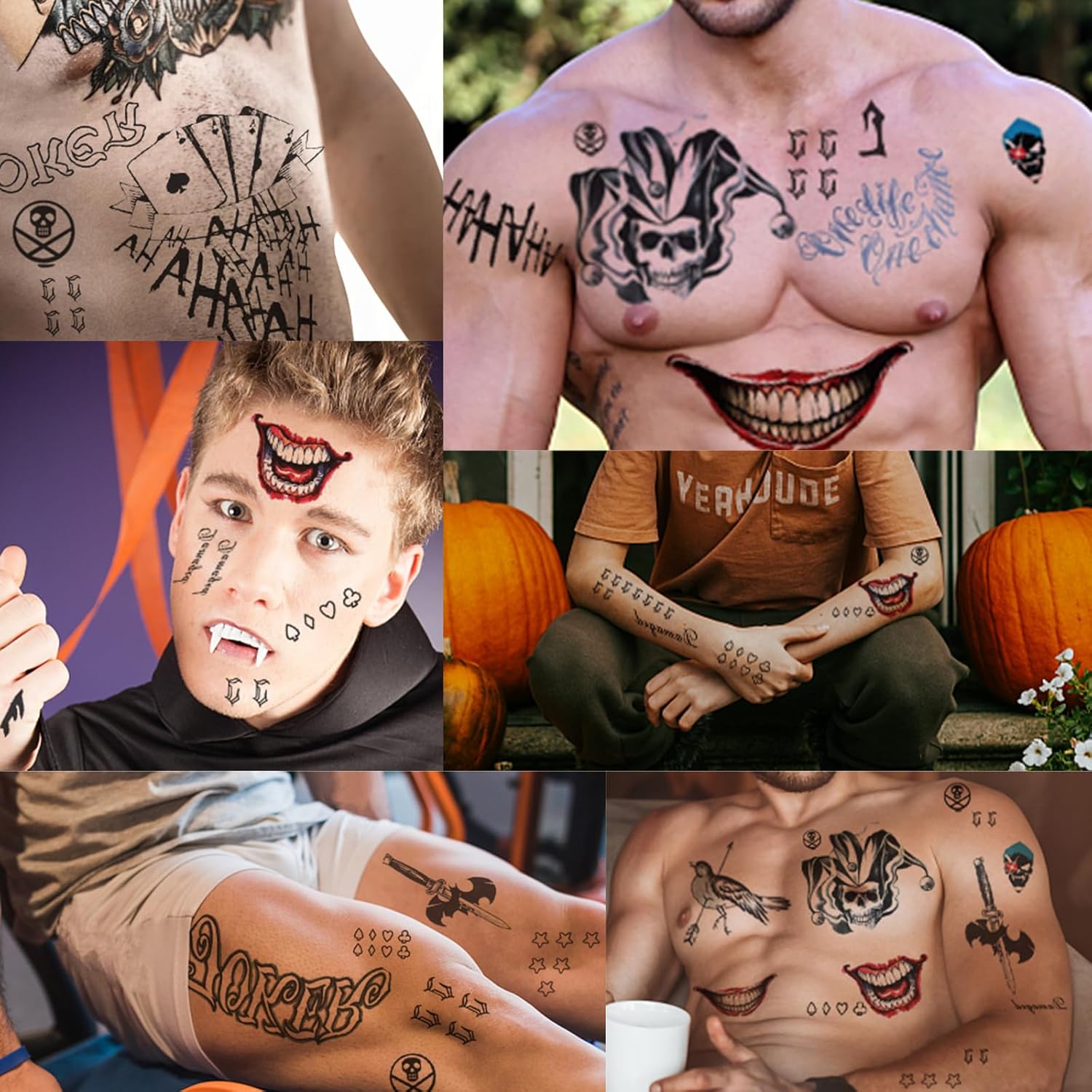 18 hojas de tatuajes de Joker HQ para mujeres y hombres, escuadrón suicida de Halloween, tatuajes temporales falsos realistas para adultos,