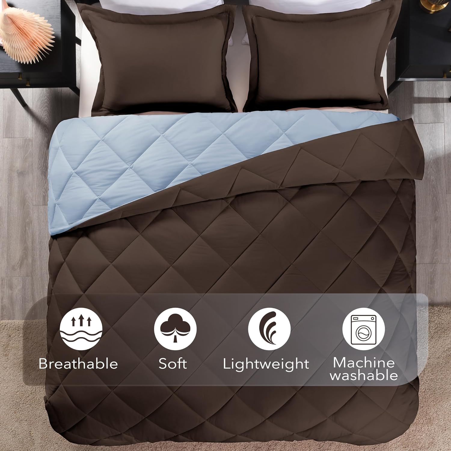 downluxe Juego de edredón tamaño individual, edredón individual marrón y azul, juegos de ropa de cama suave para todas las estaciones, 2 piezas, 1