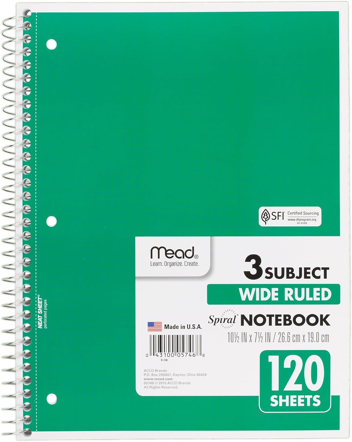 Mead 75698 Cuaderno de espiral, rayas anchas, 3 materias, 120 hojas, 10.5 x 8 pulgadas, colores surtidos, paquete de 6