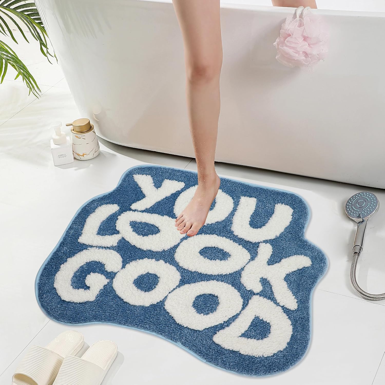 Oturgor Alfombra de baño con texto en inglés “You Look Good”, alfombra de baño azul y blanca, bonita alfombra antideslizante para ducha, absorbente,