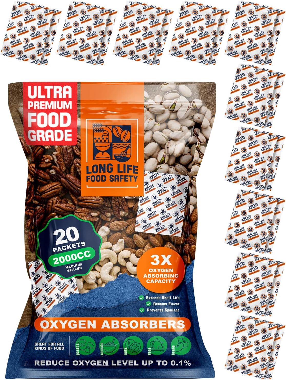 Absorbentes de oxígeno de 3000 cc y 2000 cc para almacenamiento de alimentos (20 paquetes, sellados individualmente al vacío), 3 veces capacidad de