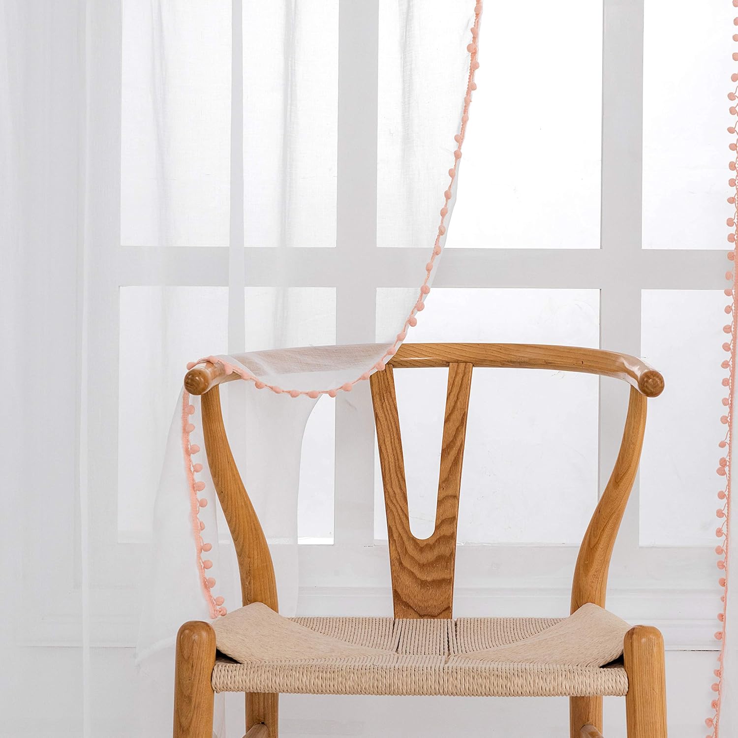 Selectex – Cortinas de gasa semitransparentes con diseño de cenefa de borlas, con bolsillo para barra, para sala de estar o habitación, juego de 2