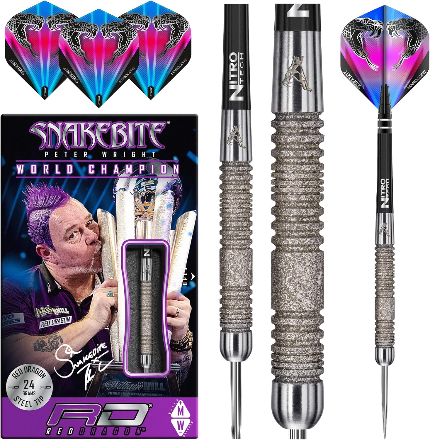 Red Dragon Peter Wright Snakebite Euro 11 elemento Juego de dardos de tungsteno de 0.71oz o 0.85oz, con vuelos y tallos