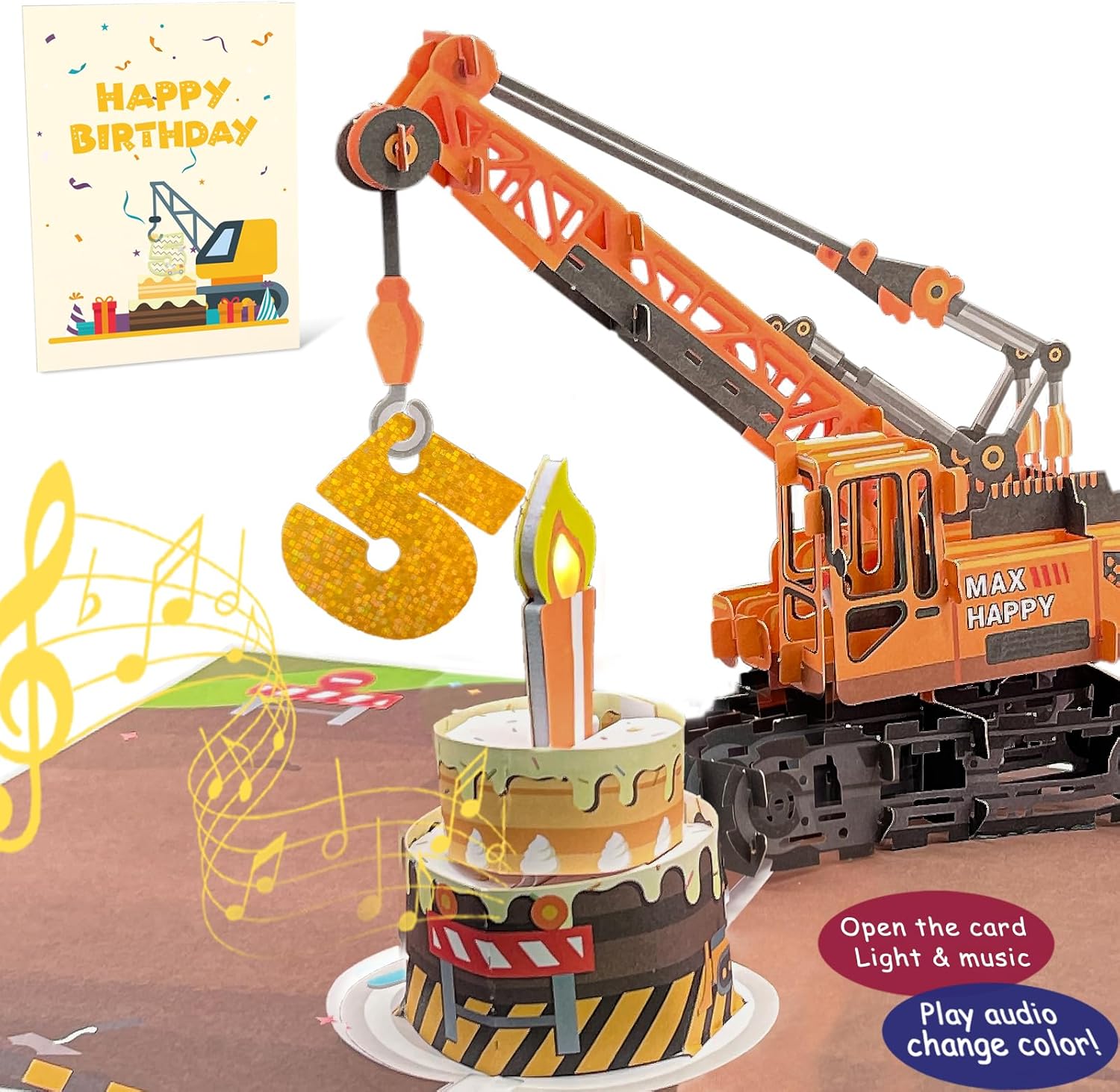 Tarjeta de felicitación 3D de 5 cumpleaños con luz y música, tarjeta de camión grúa para niño, sobrino, nieto, hijo, niño pequeño, con sobre,
