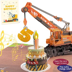 Tarjeta de felicitación 3D de 5 cumpleaños con luz y música, tarjeta de camión grúa para niño, sobrino, nieto, hijo, niño pequeño, con sobre, Tarjeta de felicitación 3D de 5 cumpleaños con luz y música, tarjeta de camión grúa para niño, sobrino, nieto, hijo, niño pequeño, con sobre,