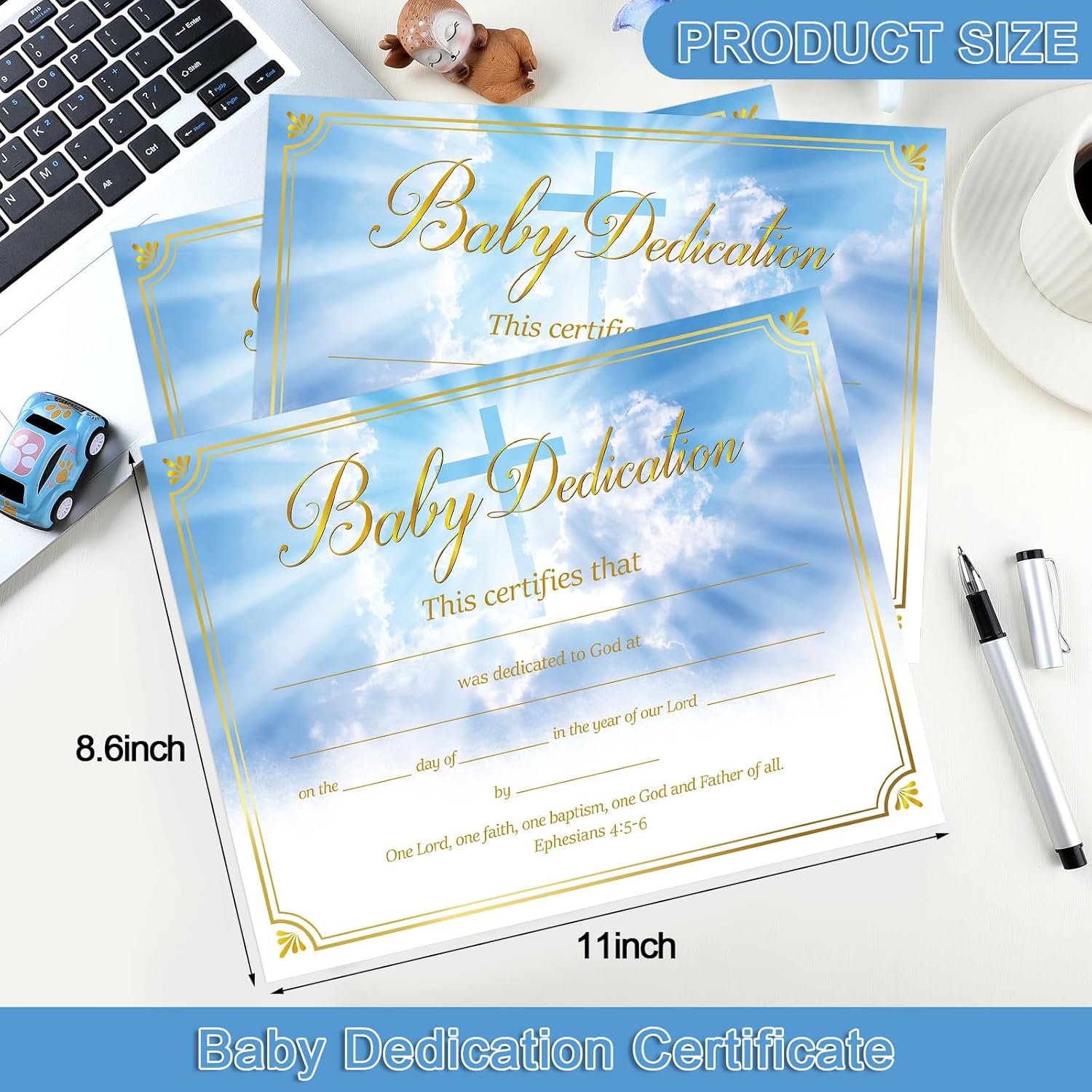 Qilery 100 certificados de dedicación para bebés, certificados de bautismo recubiertos a todo color para regalos de bautizo de iglesia y bebé (cruz
