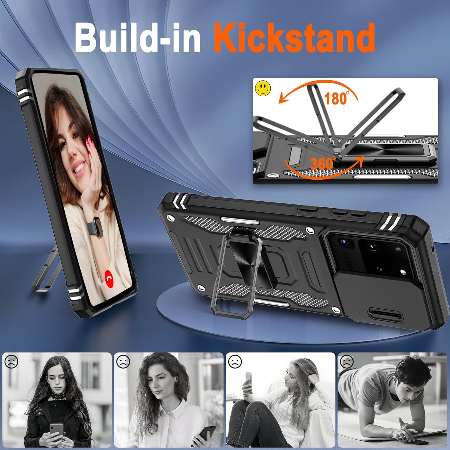 ATUMP Funda para Samsung Galaxy S20 Ultra con protector de pantalla HD con cubierta para cámara deslizante, soporte de anillo de rotación de 360