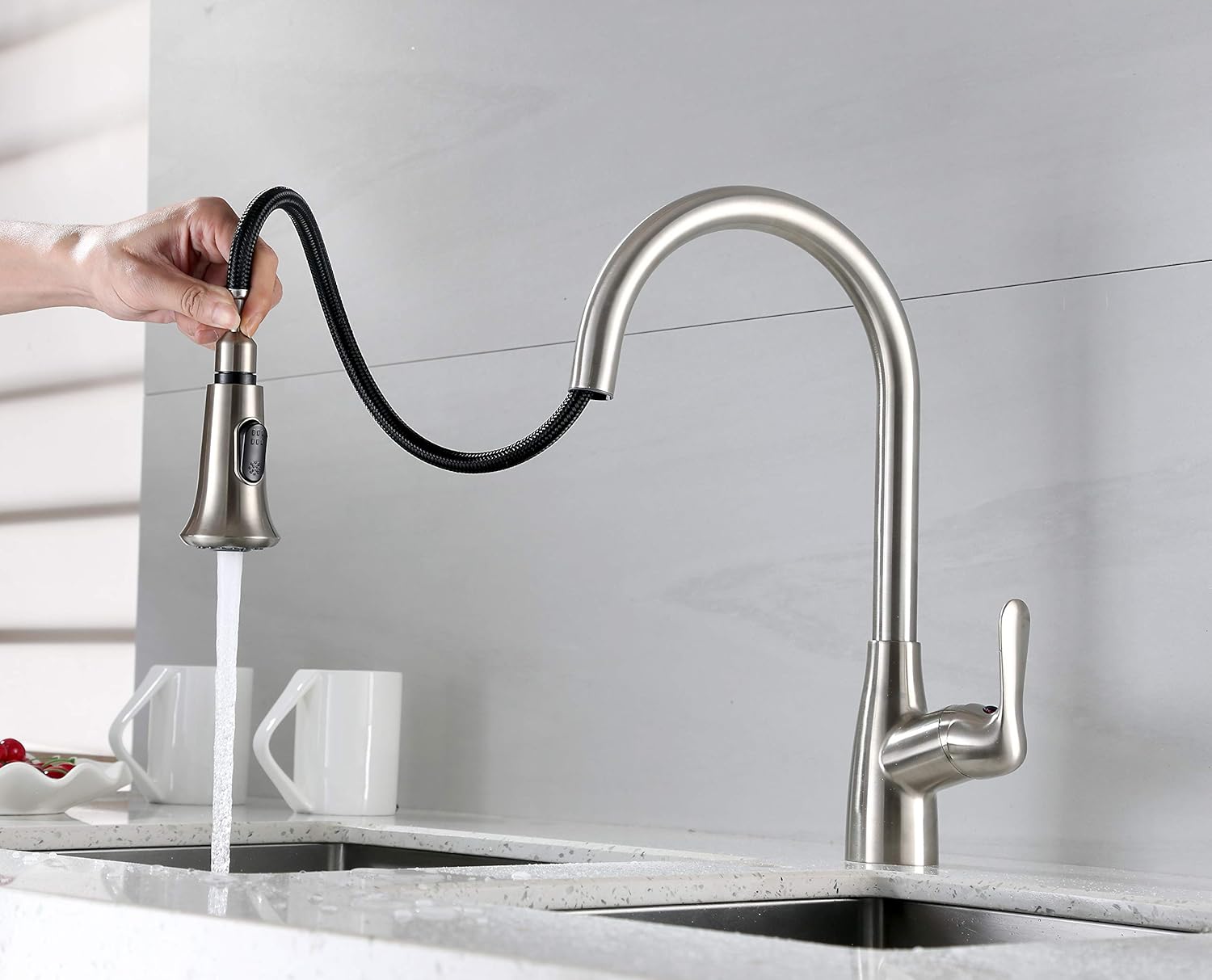 Llave de fregadero la cocina de una sola asa desplegable, F-058-SS