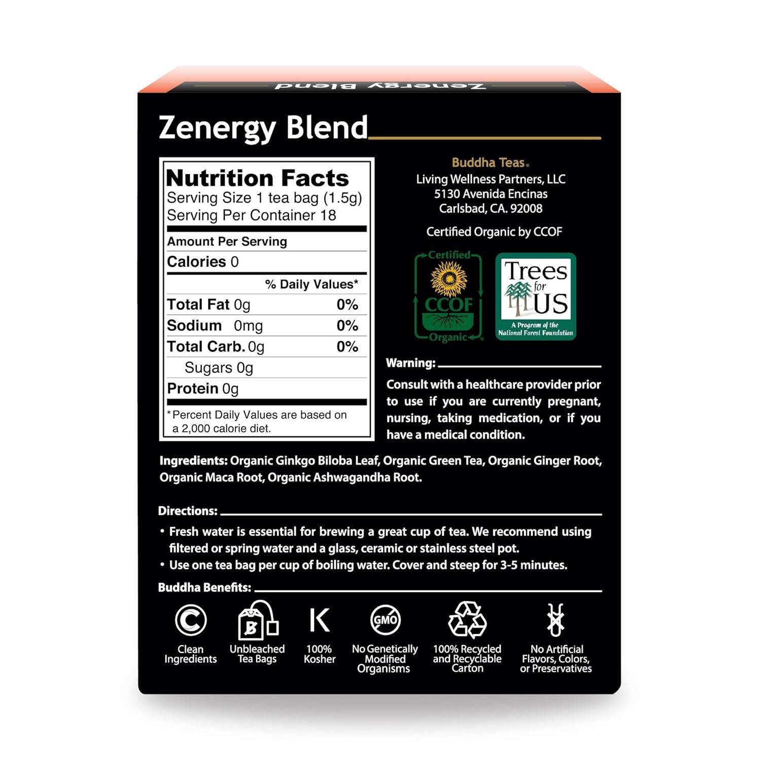 Buddha Teas Organic Zenergy Blend – OU Kosher, USDA Organic, CCOF Organic, 18 bolsas de té sin blanqueador