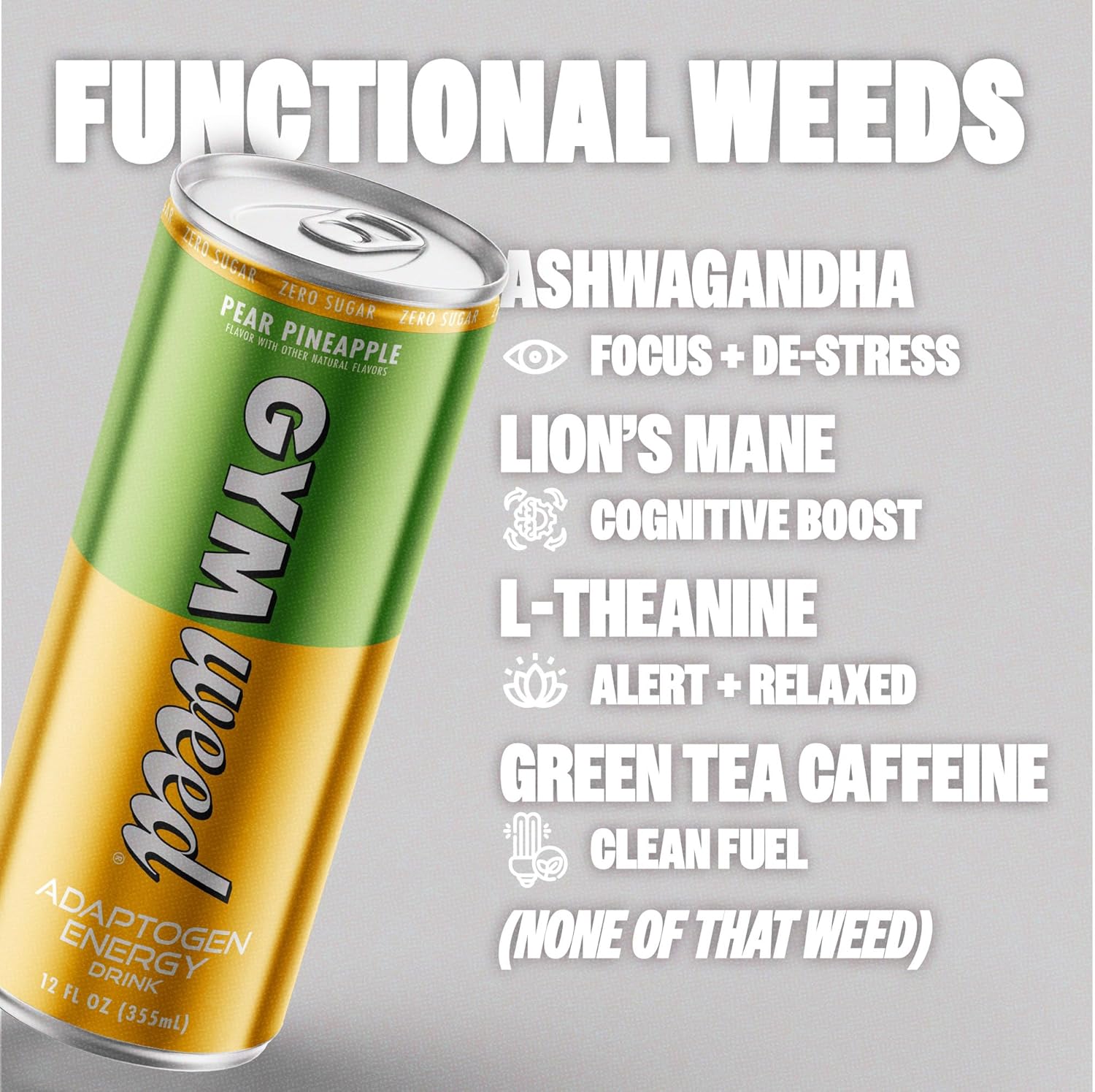 GYM WEED Adaptogen Power Drink, paquete variado 1  (paquete de 12)  Adaptógenos + cafeína con cero azúcar  Ashwagandha, melena de león, L-teanina y