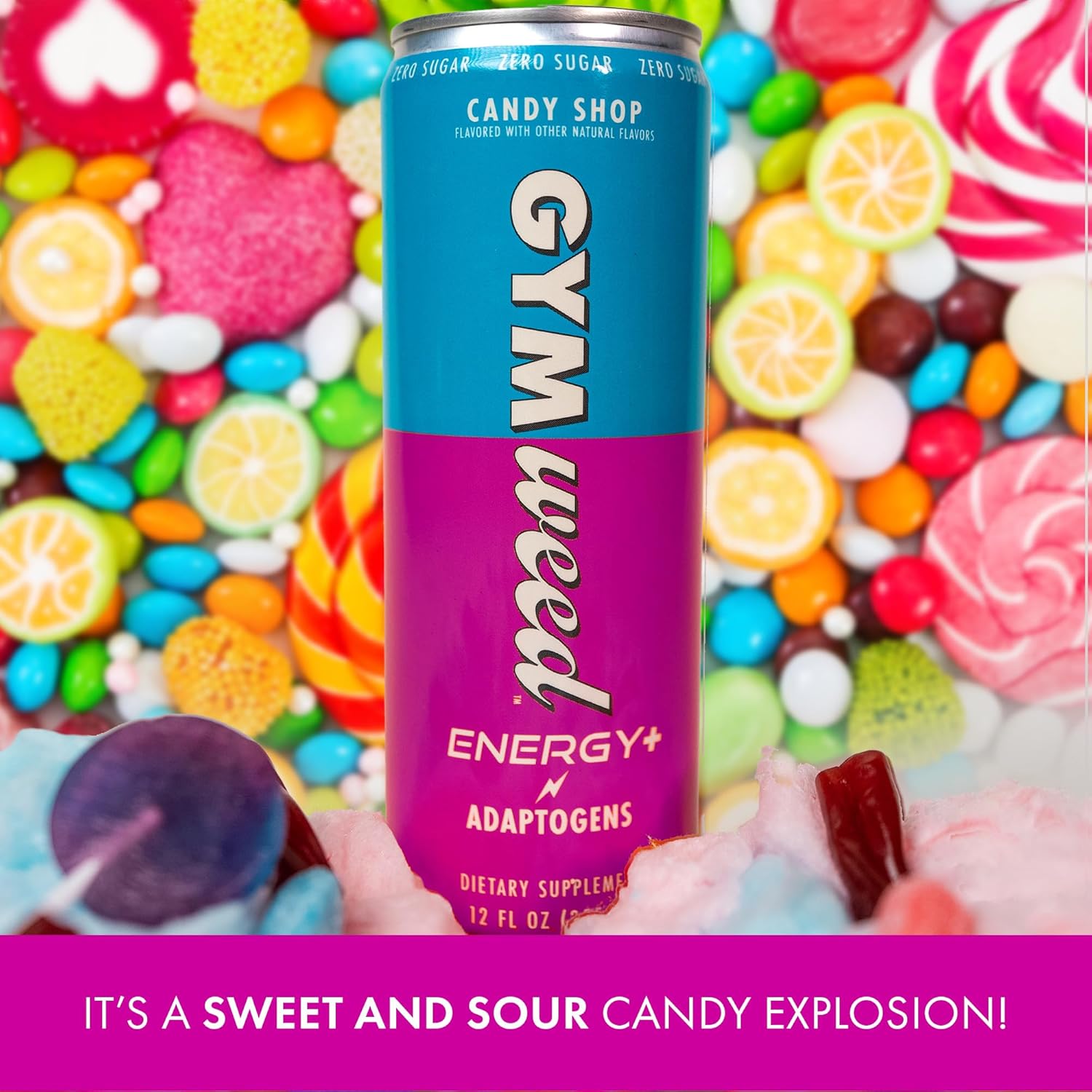 GYM WEED Adaptogen Energy Drink, Candy Shop – (12 unidades) – Bebida adaptogénica con cero azúcar – Ashwagandha, melena de león, cafeína y L-teanina