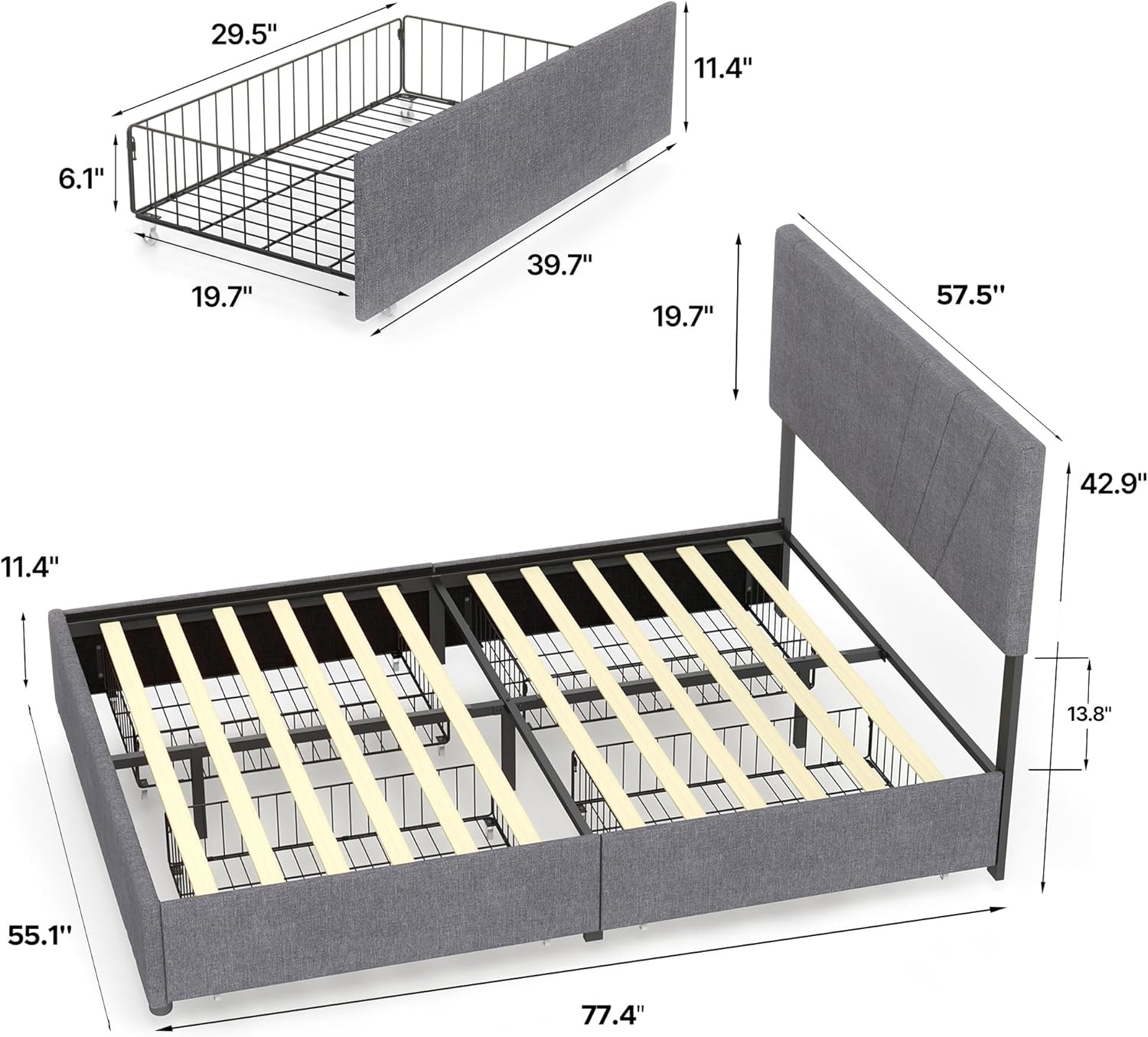 Base de cama de tamaño matrimonial con tapizado y 4 cajones fijos de almacenamiento, cabecera ajustable, embalaje de una caja, no necesita somier,