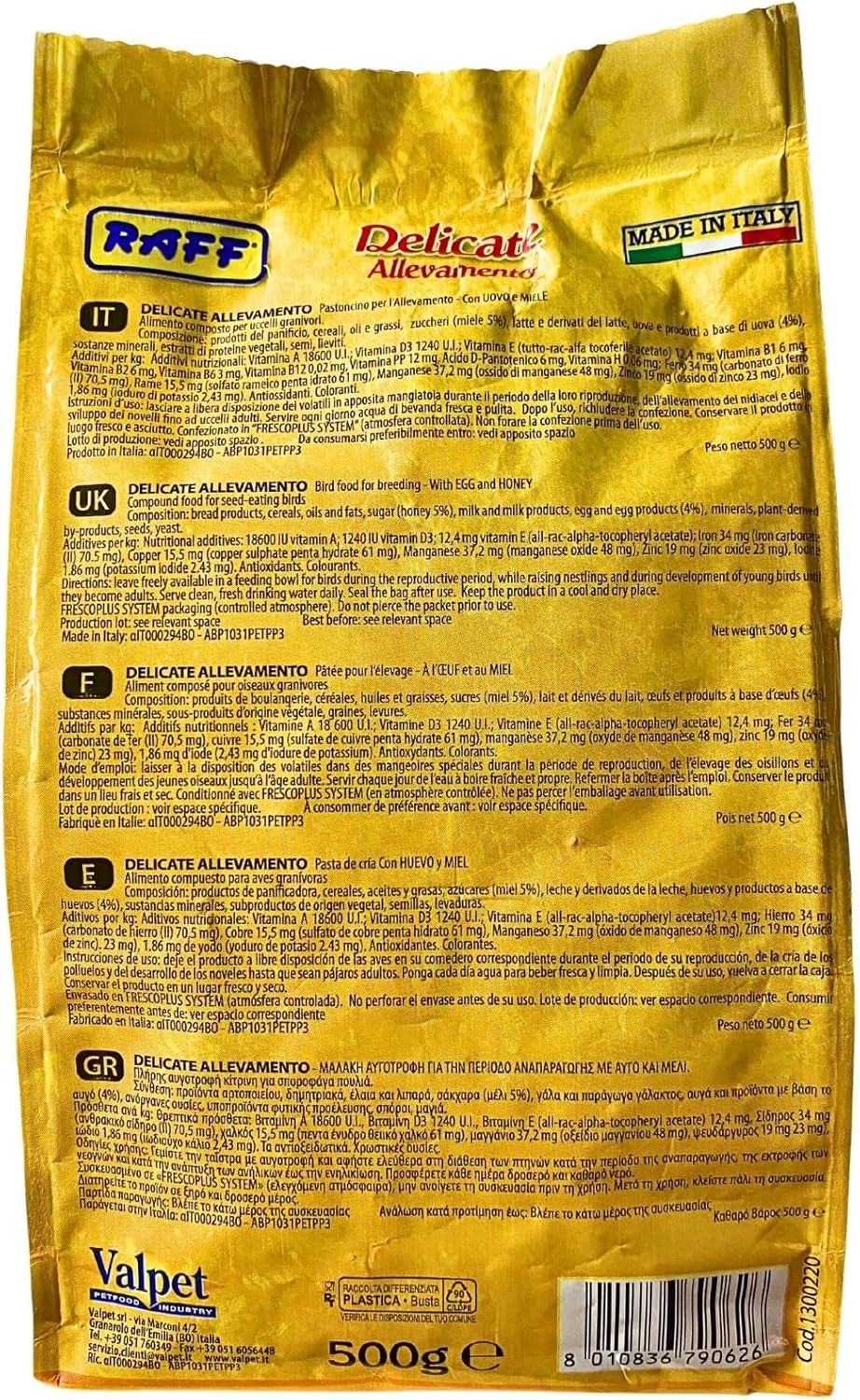 Raff Delicado Allevamento 17.64 oz – Golosinas de huevo y pasta de miel para pájaros pinzones, periquitos, cacatúas, pájaros enamorados, canarios –