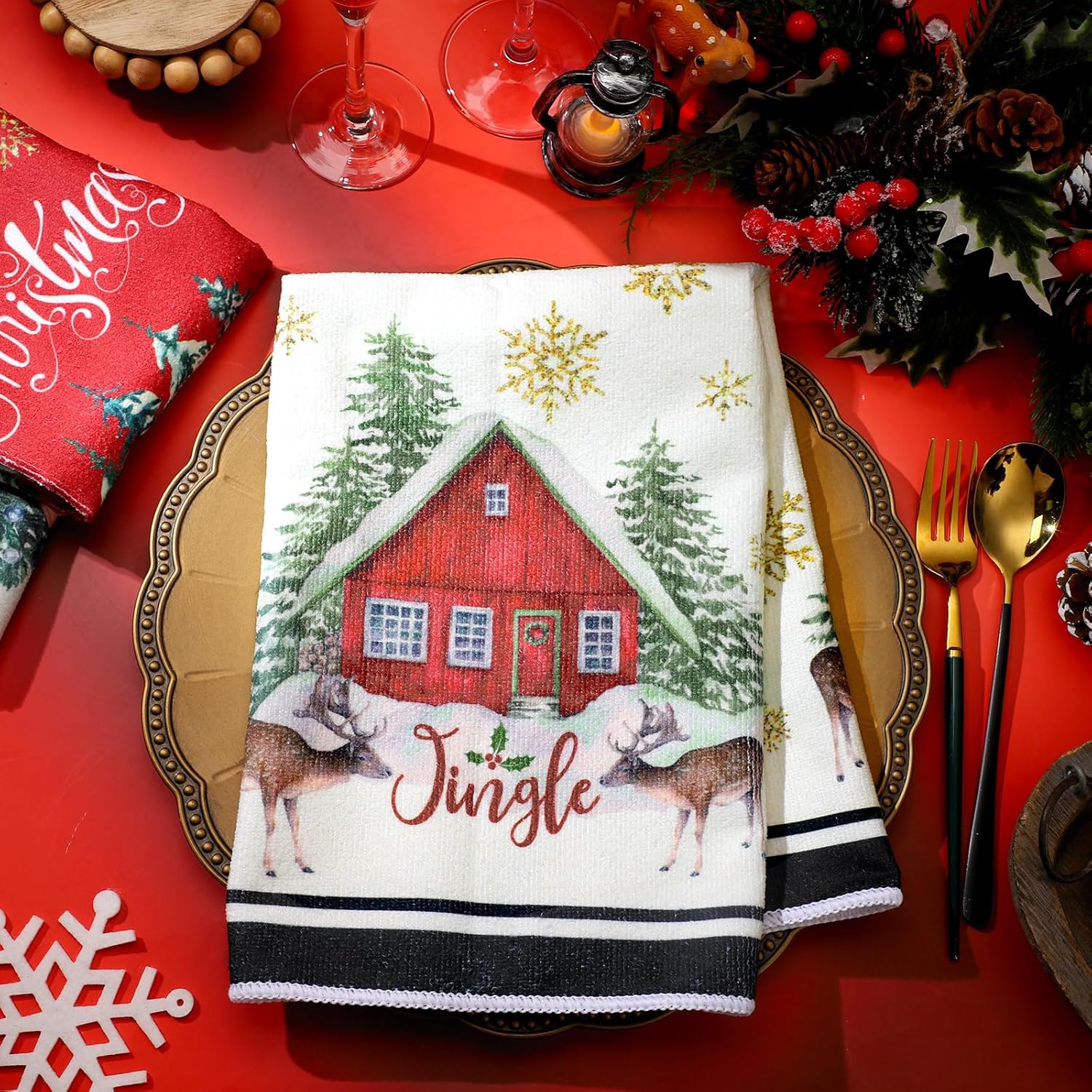 Oudain Juego de 6 toallas de cocina y paños de cocina de Navidad, Papá Noel, muñeco de nieve, camión, árbol de Navidad, paños de cocina de invierno,