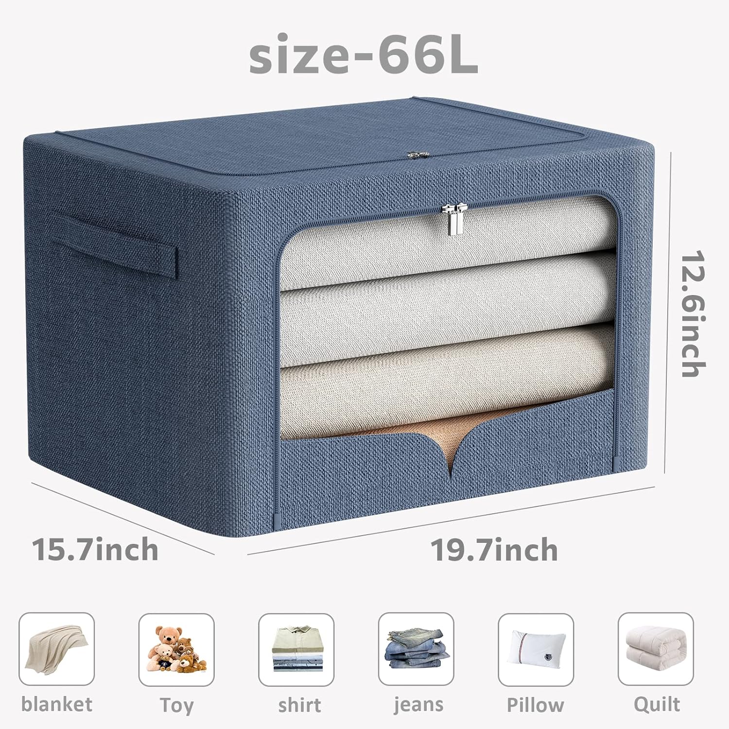 Paquete de 3 contenedores de almacenamiento de ropa, caja de almacenamiento plegable grande con marco de metal, organizador apilable de tela de lino